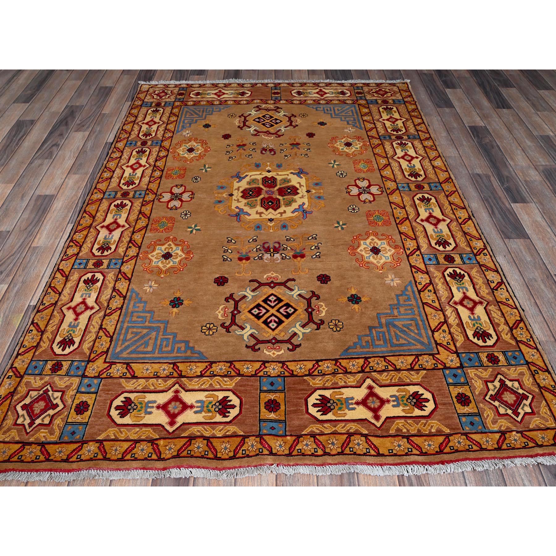 5'x6'10" Nugget Brown, Afghan Khamyab with Khotan Design, Hand Knotted, Soft and Velvety Wool, Vegetable Dyes, Oriental Rug Sh672