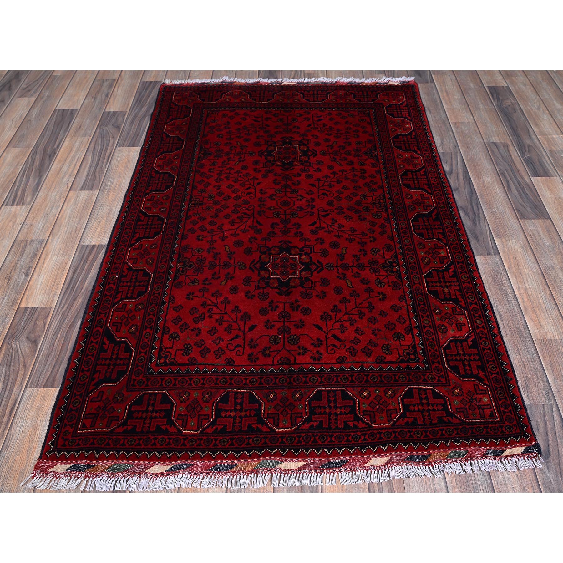 3'5"x5'2" Scarlet Red, Hand Knotted, Afghan Khamyab with Tribal Design, Vegetable Dyes, Soft and Shiny Wool, Oriental Rug Sh675
