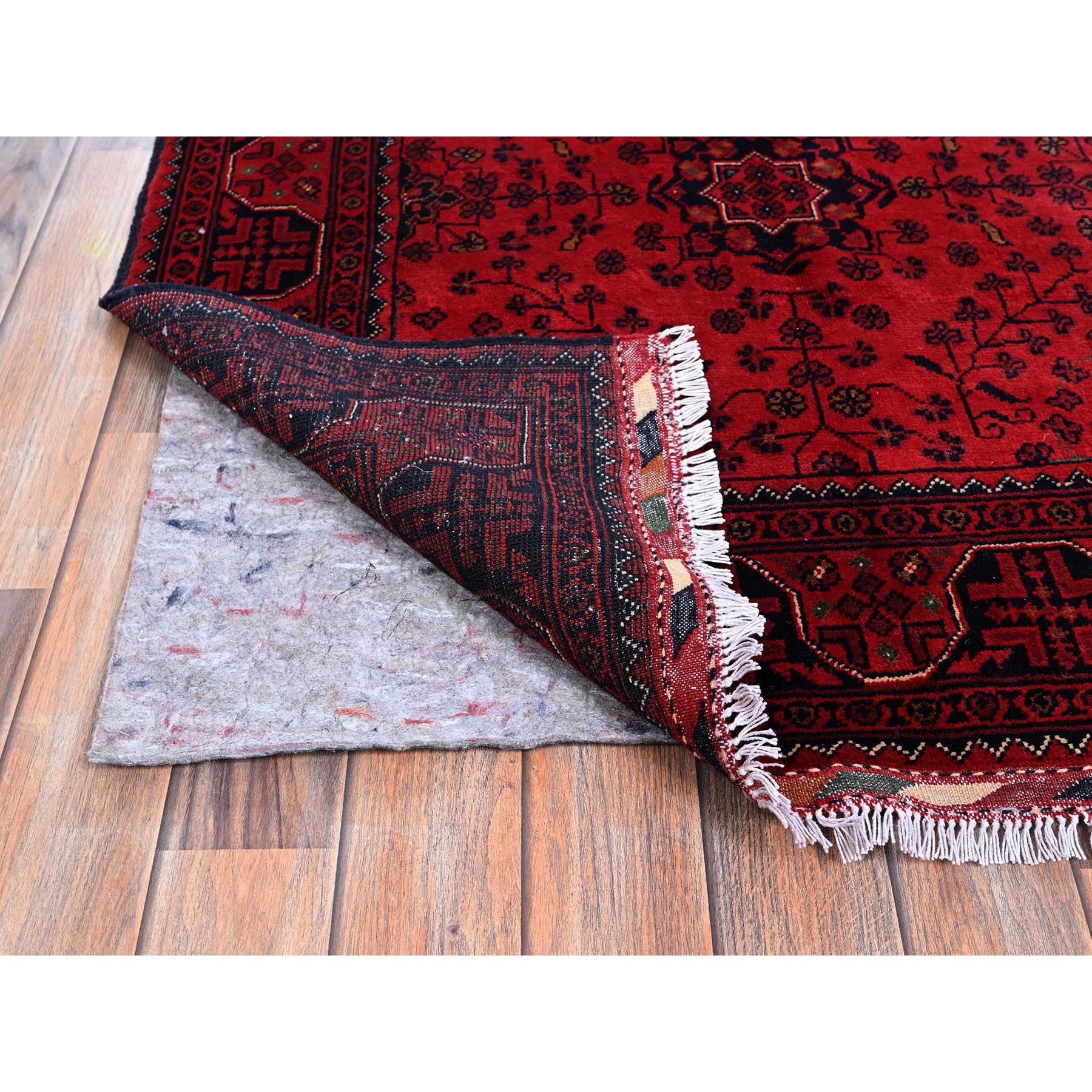 3'5"x5'2" Scarlet Red, Hand Knotted, Afghan Khamyab with Tribal Design, Vegetable Dyes, Soft and Shiny Wool, Oriental Rug Sh675