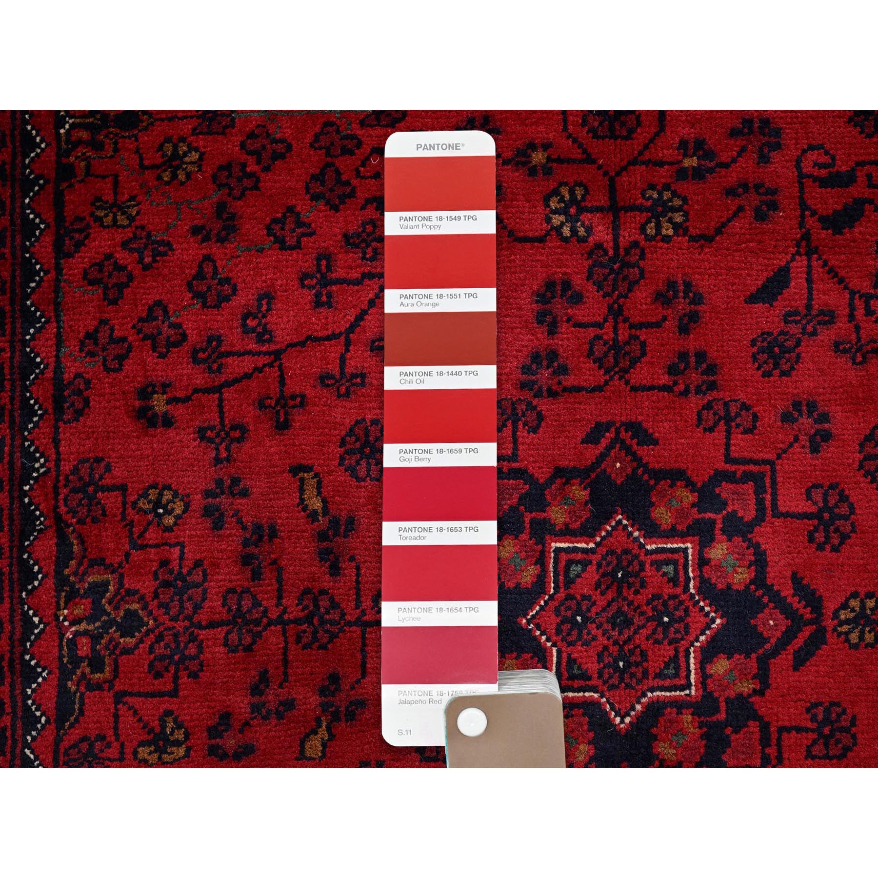 3'5"x5'2" Scarlet Red, Hand Knotted, Afghan Khamyab with Tribal Design, Vegetable Dyes, Soft and Shiny Wool, Oriental Rug Sh675
