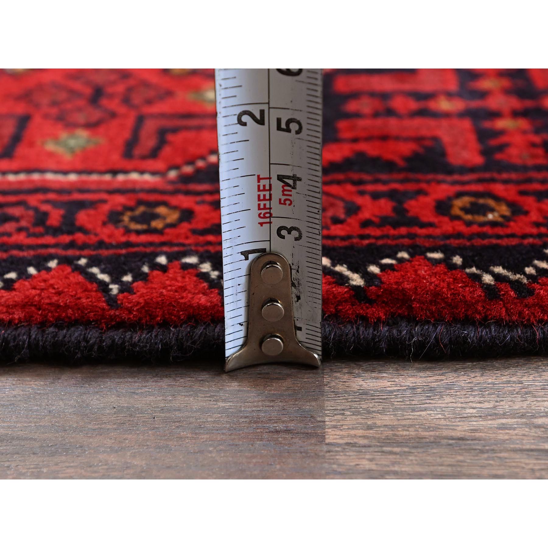 3'5"x5'2" Scarlet Red, Hand Knotted, Afghan Khamyab with Tribal Design, Vegetable Dyes, Soft and Shiny Wool, Oriental Rug Sh675