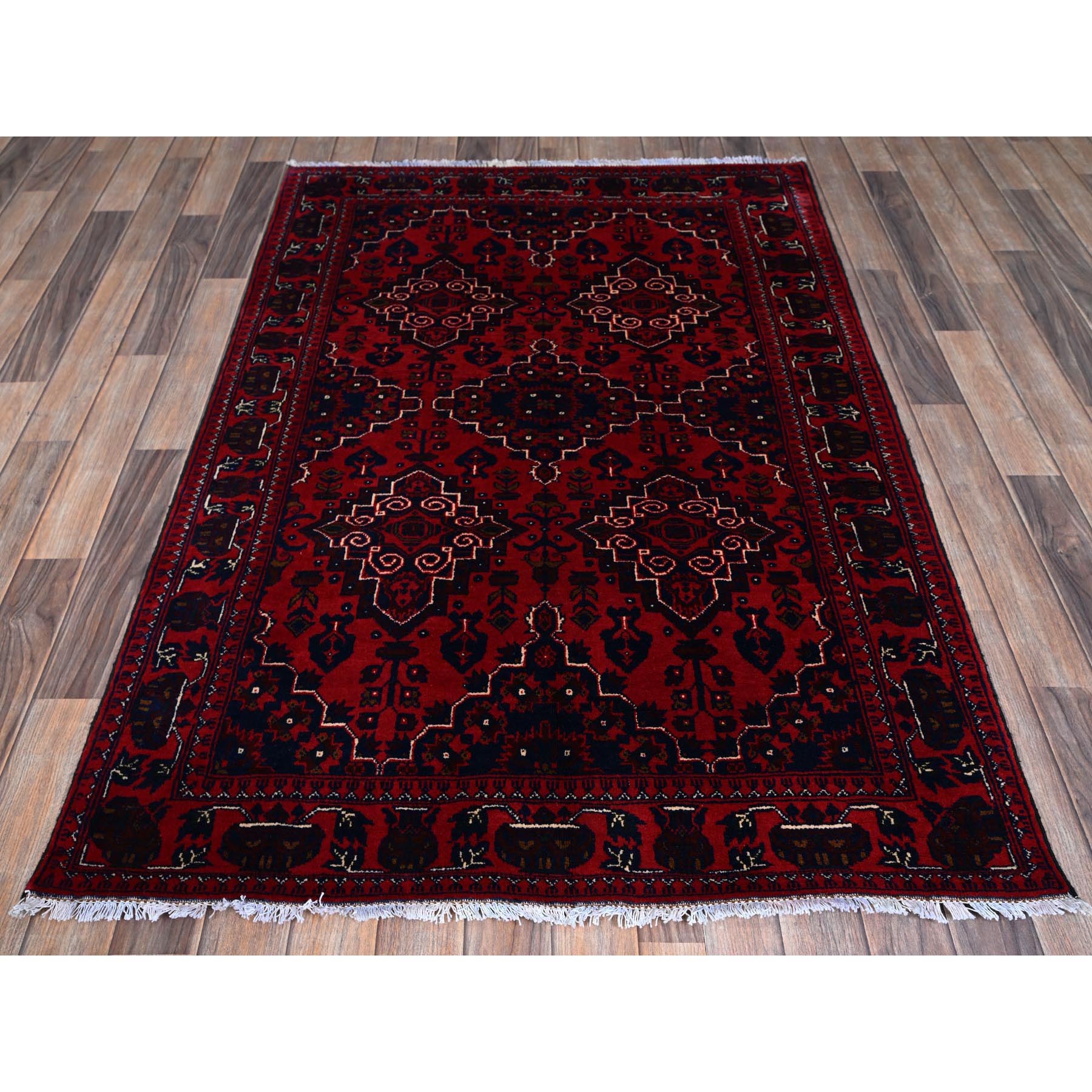 3'10"x5'7" Crimson Red, Afghan Khamyab with Geometric Design, Hand Knotted, Soft and Velvety Wool, Vegetable Dyes, Oriental Rug Sh676