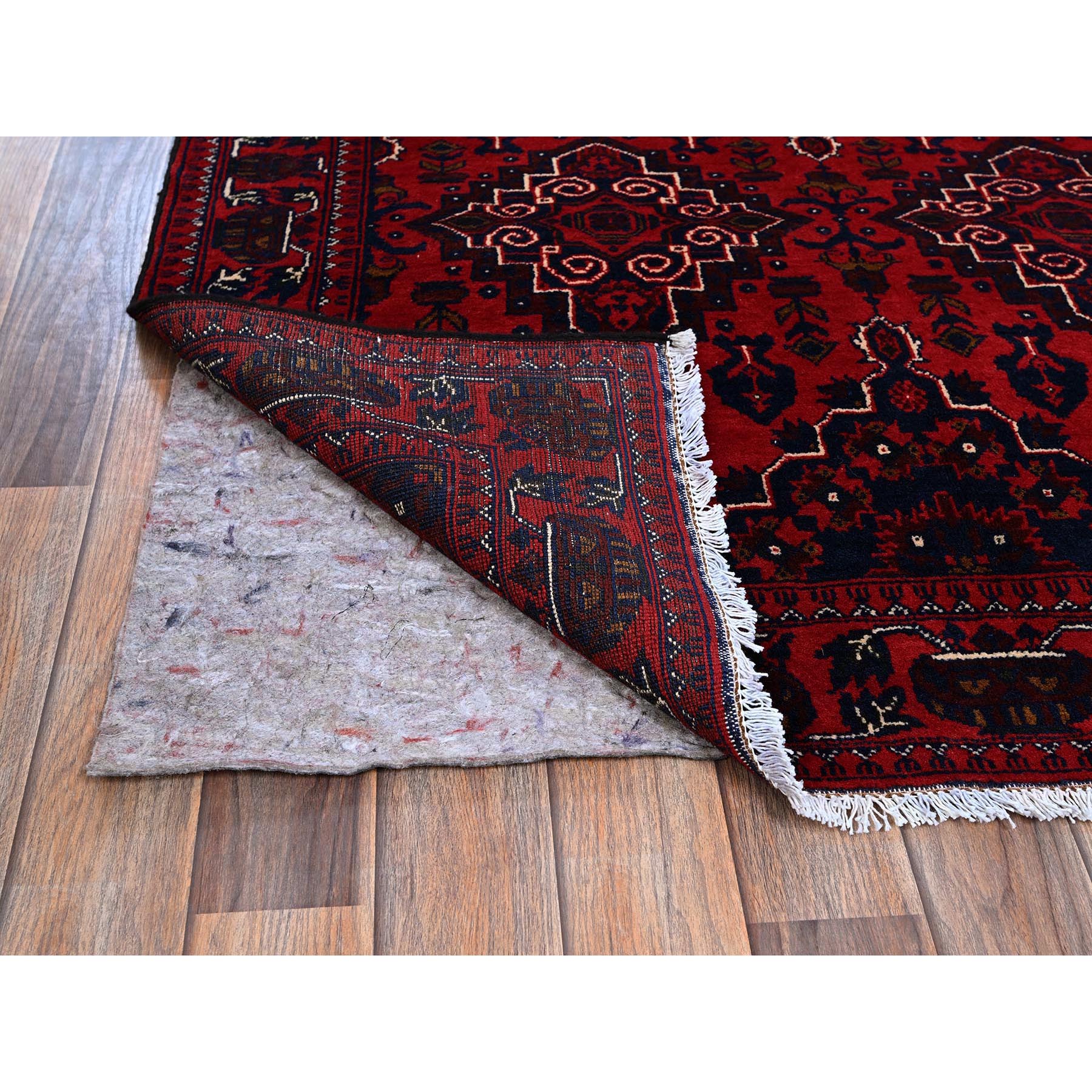 3'10"x5'7" Crimson Red, Afghan Khamyab with Geometric Design, Hand Knotted, Soft and Velvety Wool, Vegetable Dyes, Oriental Rug Sh676