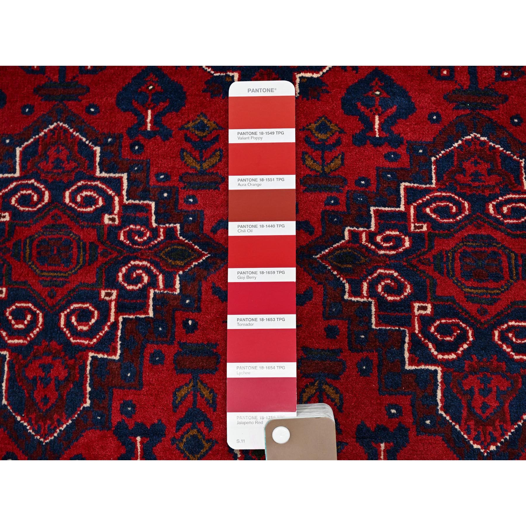 3'10"x5'7" Crimson Red, Afghan Khamyab with Geometric Design, Hand Knotted, Soft and Velvety Wool, Vegetable Dyes, Oriental Rug Sh676