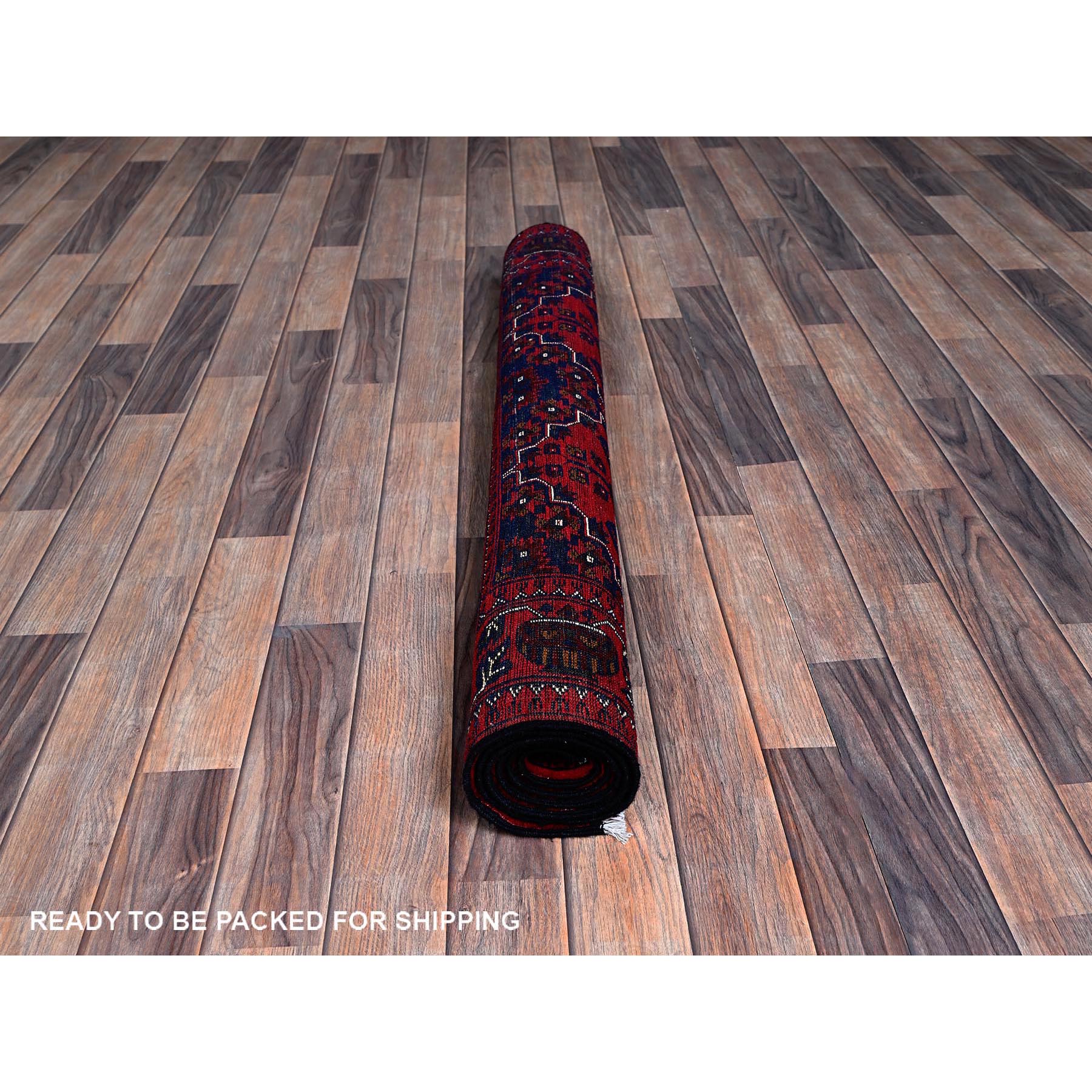 3'10"x5'7" Crimson Red, Afghan Khamyab with Geometric Design, Hand Knotted, Soft and Velvety Wool, Vegetable Dyes, Oriental Rug Sh676