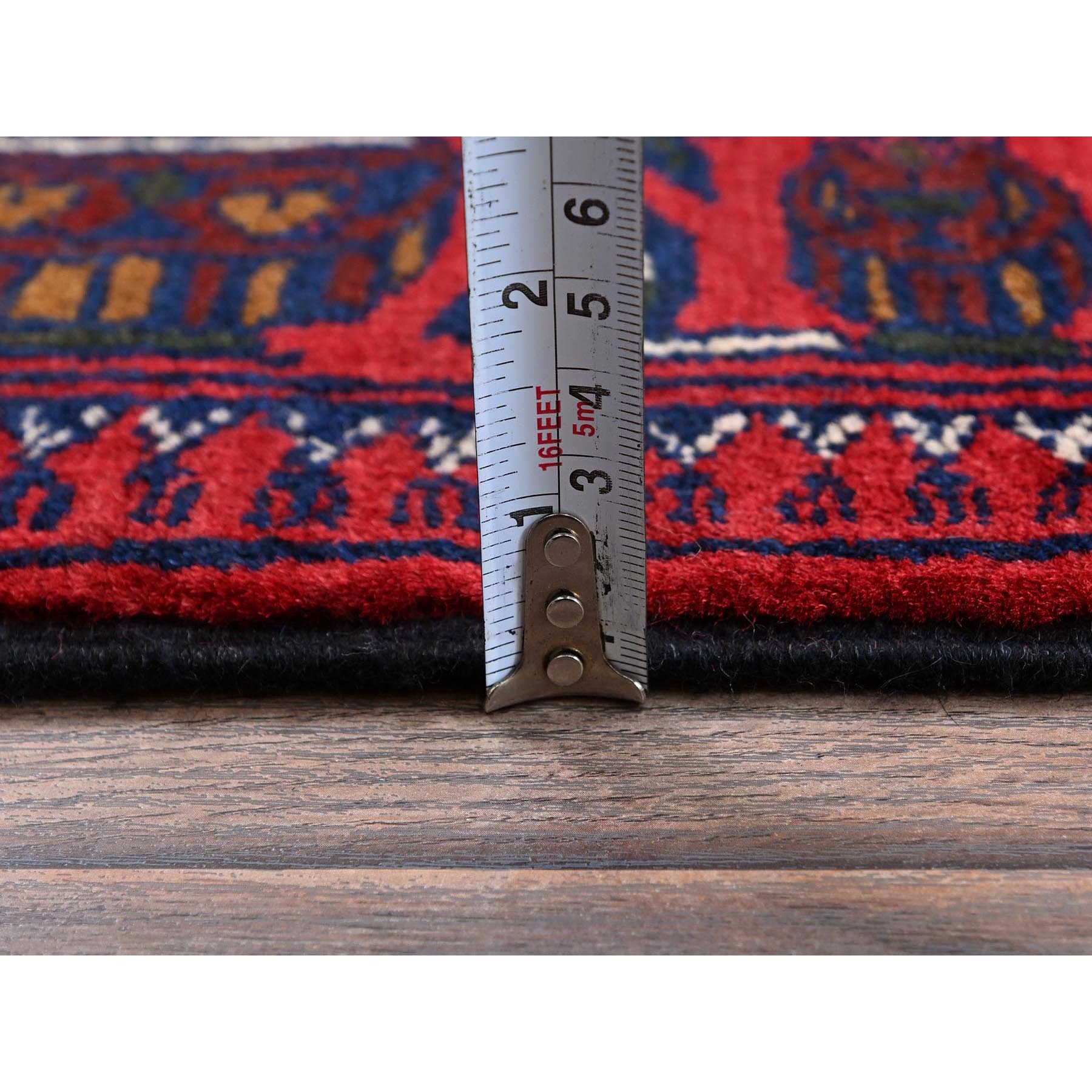 3'10"x5'7" Crimson Red, Afghan Khamyab with Geometric Design, Hand Knotted, Soft and Velvety Wool, Vegetable Dyes, Oriental Rug Sh676