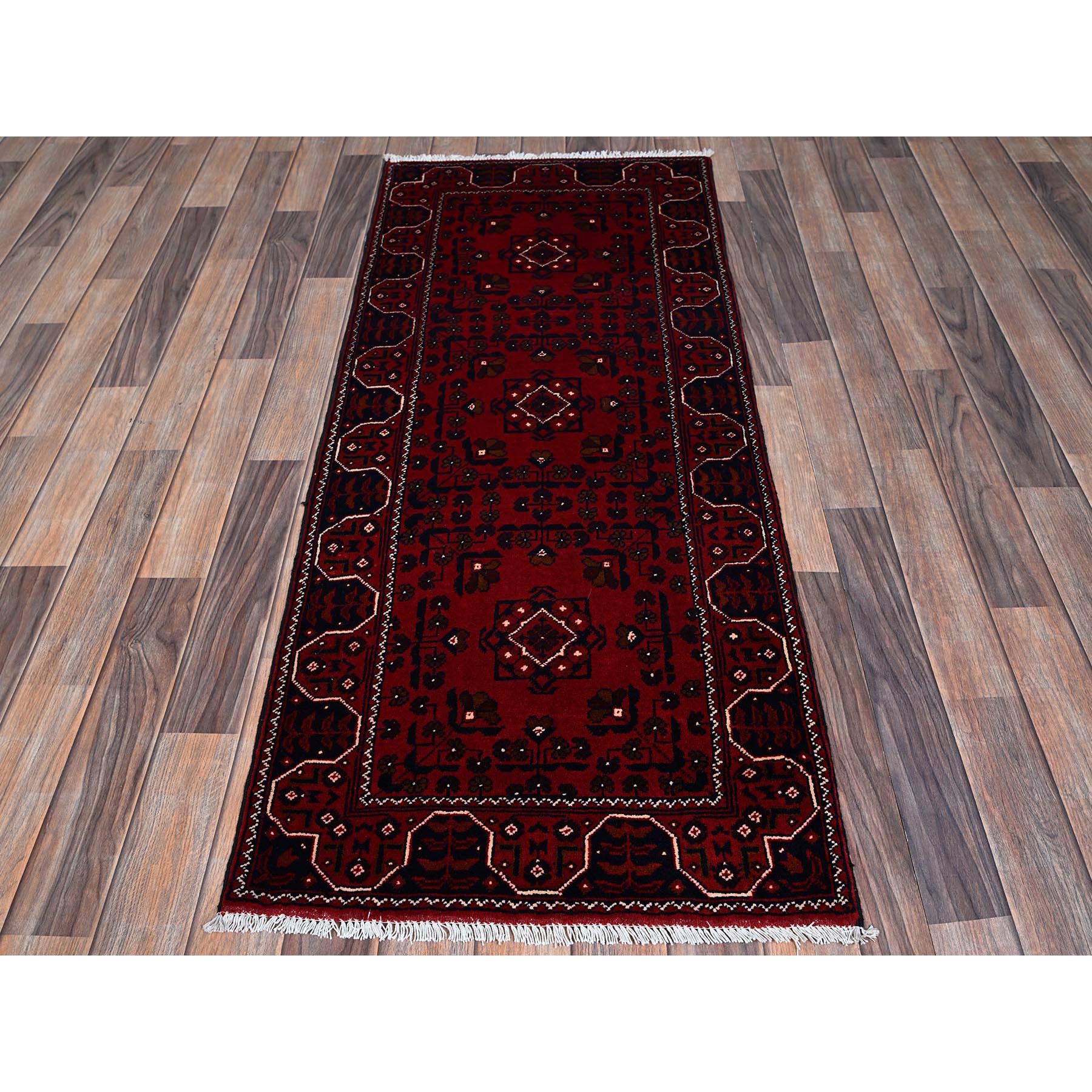 2'2"x5'4" Ruby Red, Afghan Khamyab with Tribal Medallions Design, Pure Wool, Vegetable Dyes, Hand Knotted, Short Runner, Oriental Rug Sh677