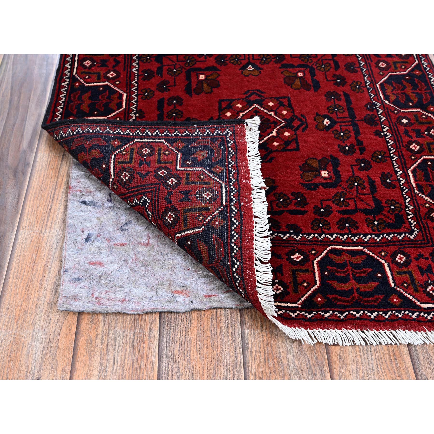 2'2"x5'4" Ruby Red, Afghan Khamyab with Tribal Medallions Design, Pure Wool, Vegetable Dyes, Hand Knotted, Short Runner, Oriental Rug Sh677