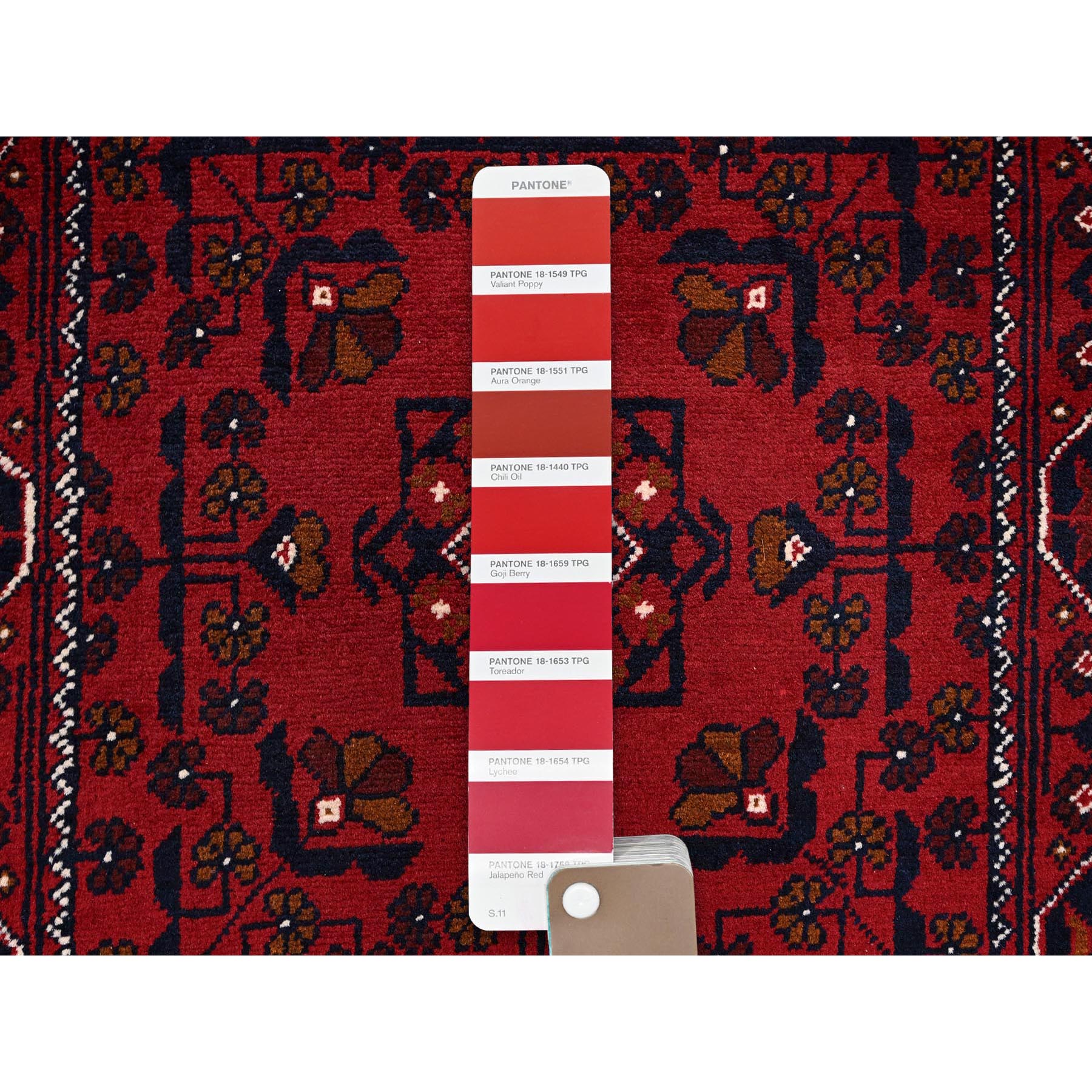 2'2"x5'4" Ruby Red, Afghan Khamyab with Tribal Medallions Design, Pure Wool, Vegetable Dyes, Hand Knotted, Short Runner, Oriental Rug Sh677