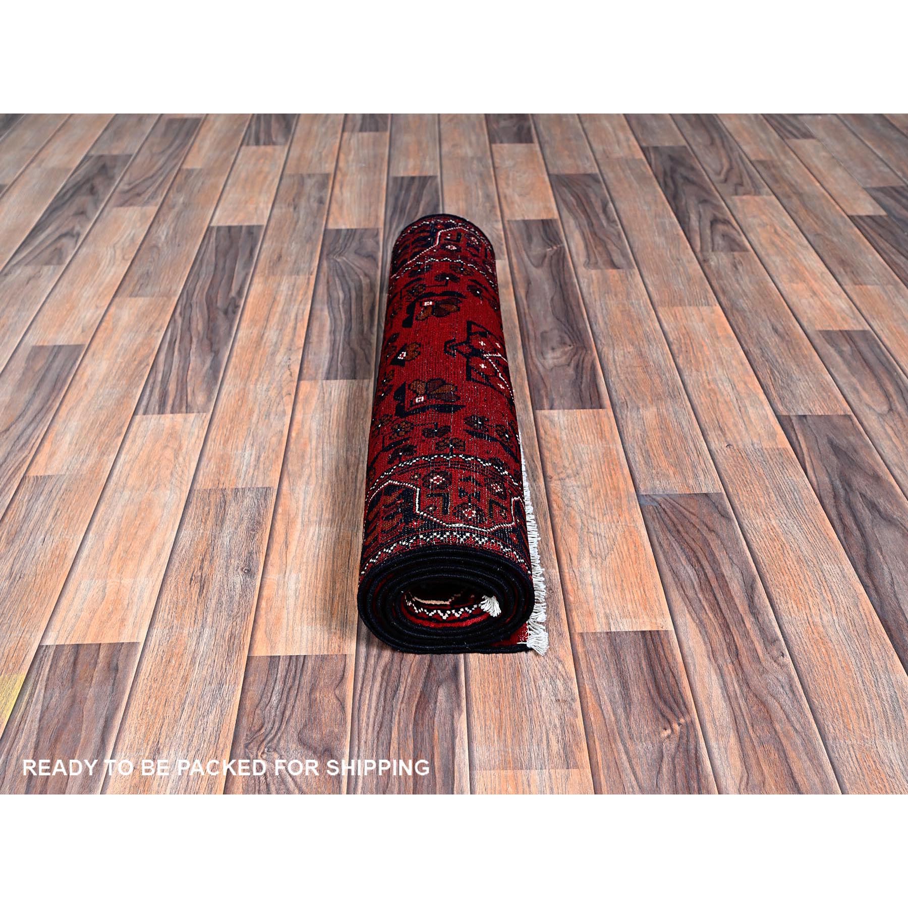 2'2"x5'4" Ruby Red, Afghan Khamyab with Tribal Medallions Design, Pure Wool, Vegetable Dyes, Hand Knotted, Short Runner, Oriental Rug Sh677