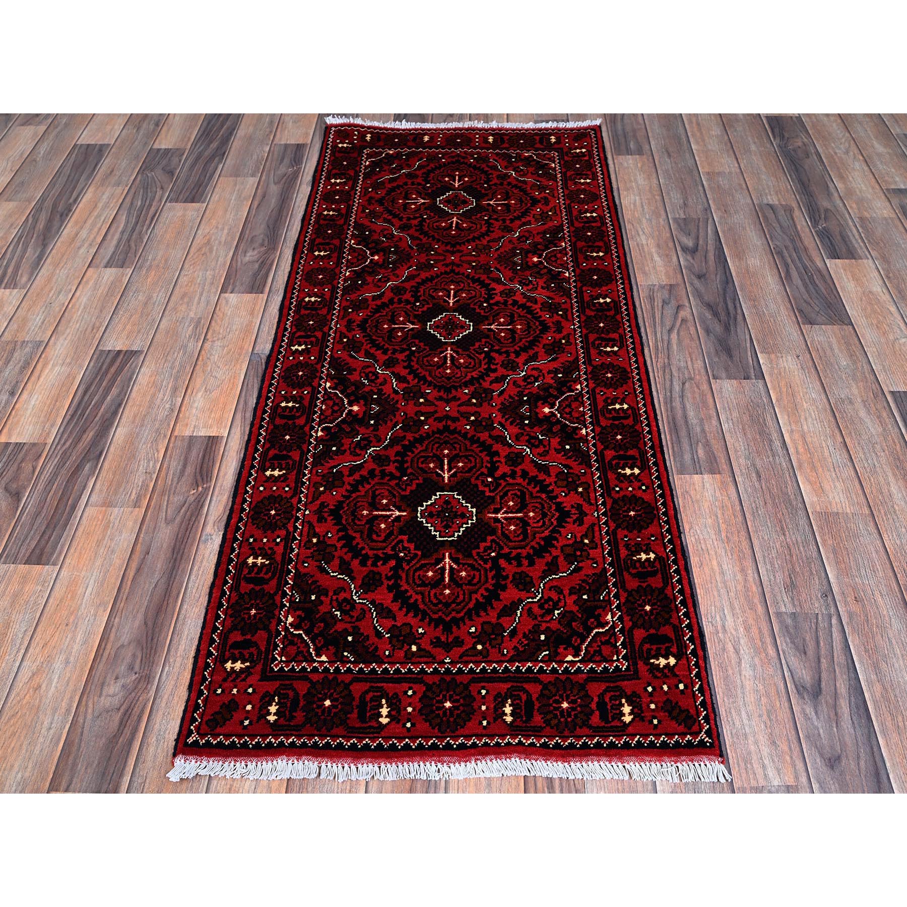 2'3"x5'2" Berry Red, Hand Knotted, Afghan Khamyab with Tribal Design, Vegetable Dyes, Soft and Velvety Wool, Short Runner, Oriental Rug Sh678