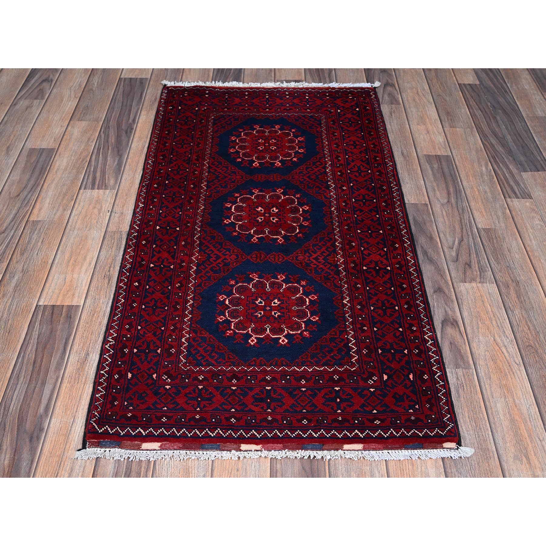 2'2"x4' Scarlet Red, Hand Knotted, Afghan Khamyab with Tribal Design, Pure Wool, Natural Dyes, Mat, Sample, Oriental Rug Sh679