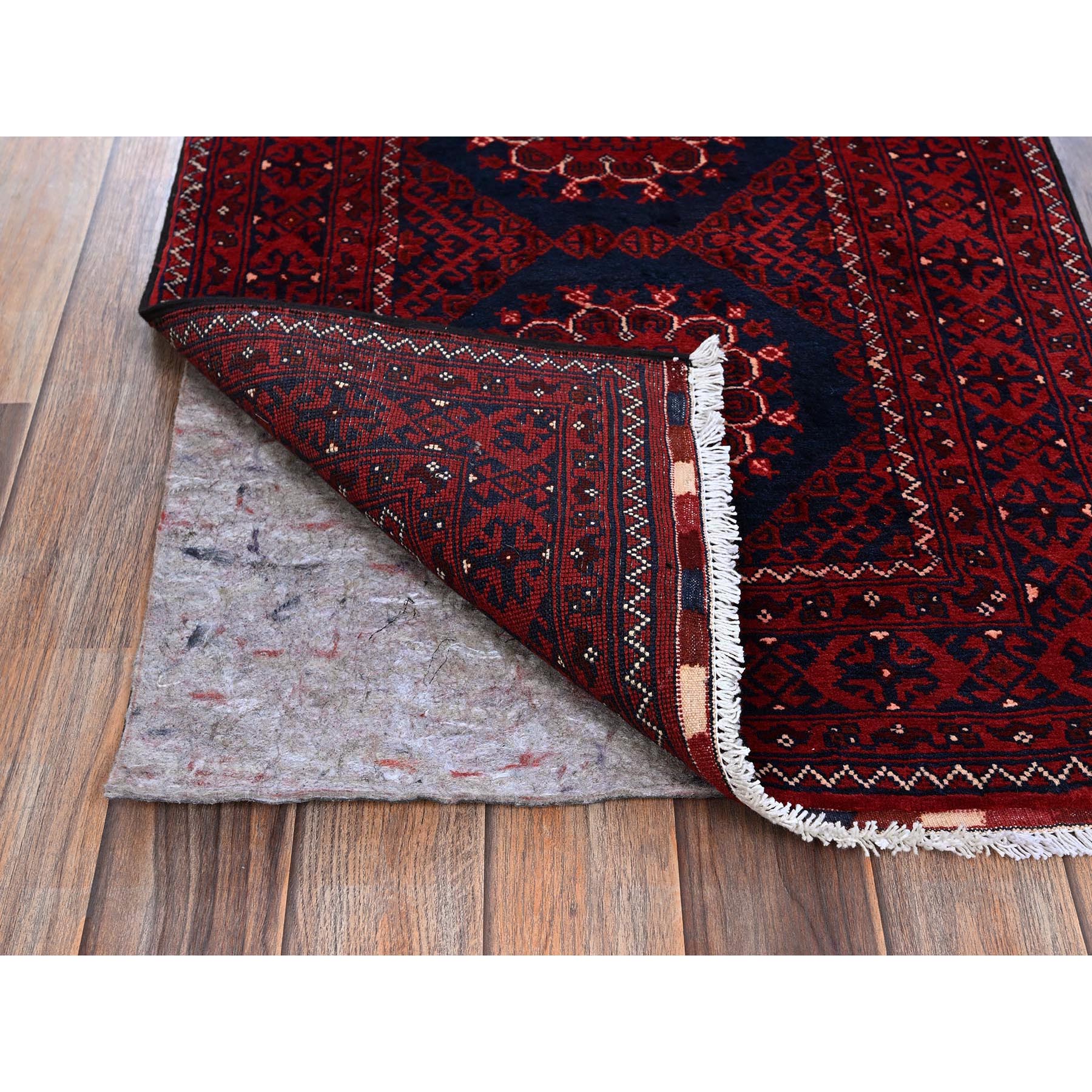 2'2"x4' Scarlet Red, Hand Knotted, Afghan Khamyab with Tribal Design, Pure Wool, Natural Dyes, Mat, Sample, Oriental Rug Sh679