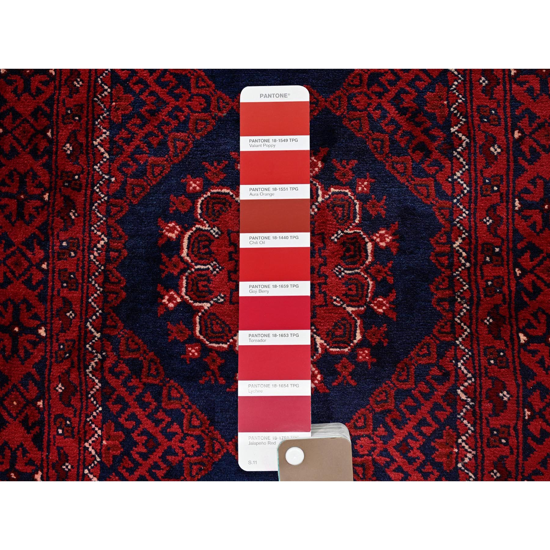 2'2"x4' Scarlet Red, Hand Knotted, Afghan Khamyab with Tribal Design, Pure Wool, Natural Dyes, Mat, Sample, Oriental Rug Sh679