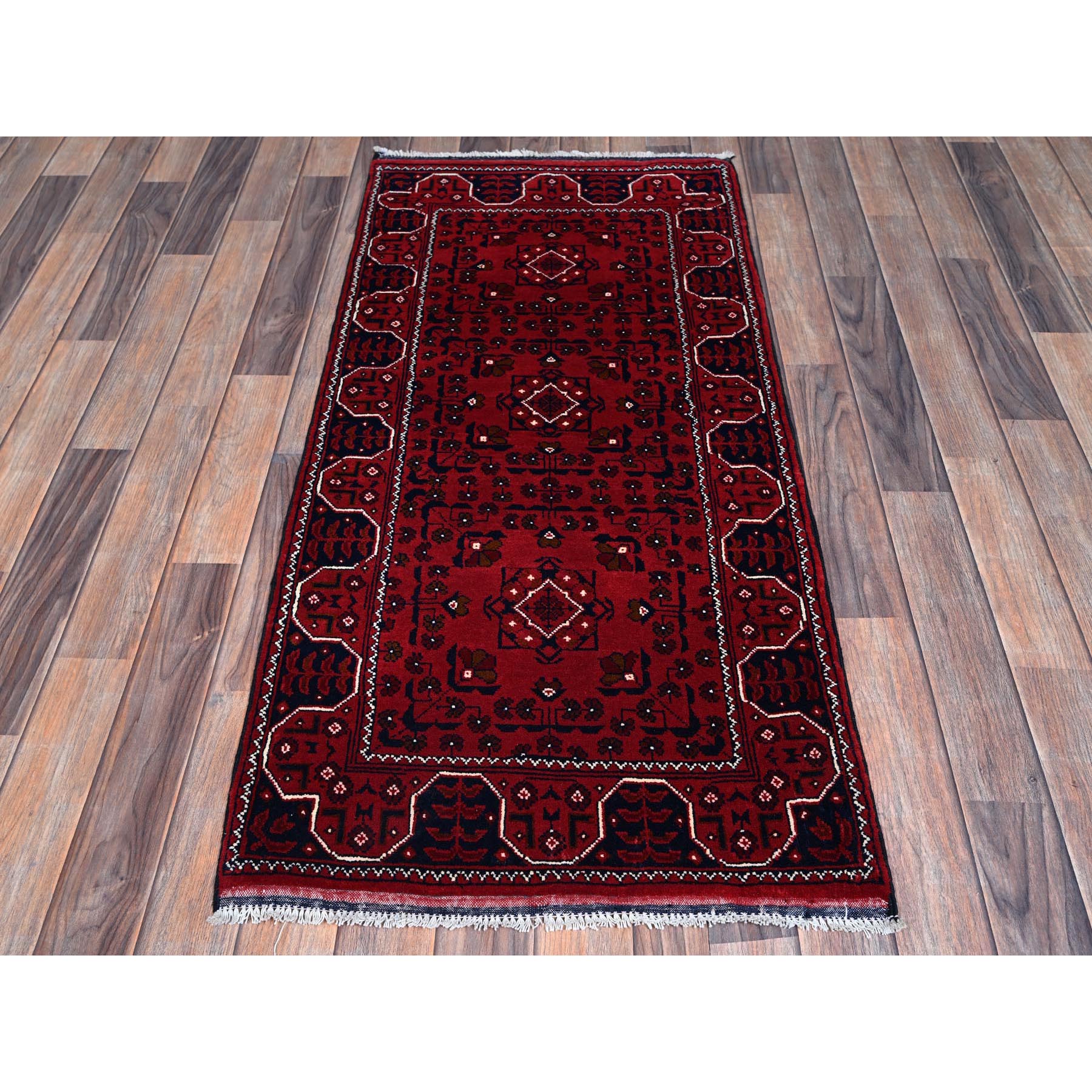 2'3"x4'10" Berry Red, Afghan Khamyab with Tribal Design, 100% Wool, Vegetable Dyes, Hand Knotted, Short Runner, Oriental Rug Sh682