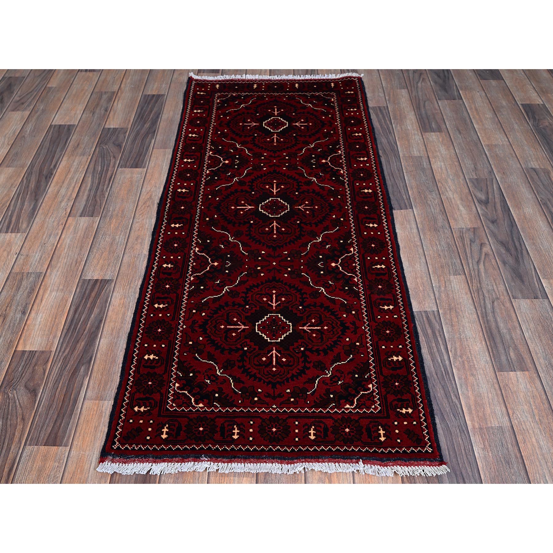 2'4'x5'2" Ruby Red, Afghan Khamyab with Tribal Design, Hand Knotted, Soft and Shiny Wool, Natural Dyes, Short Runner, Oriental Rug Sh684