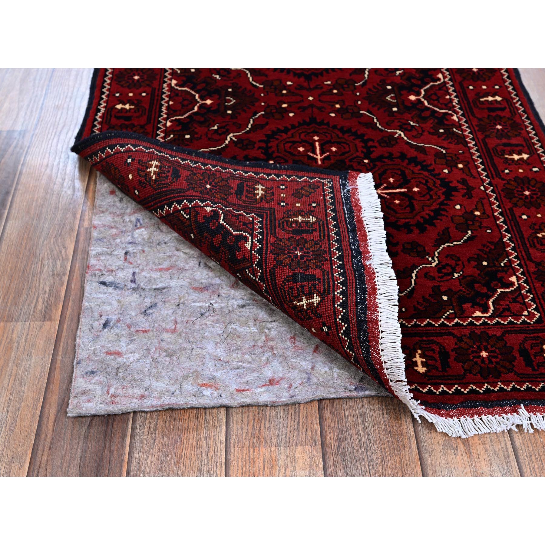 2'4'x5'2" Ruby Red, Afghan Khamyab with Tribal Design, Hand Knotted, Soft and Shiny Wool, Natural Dyes, Short Runner, Oriental Rug Sh684