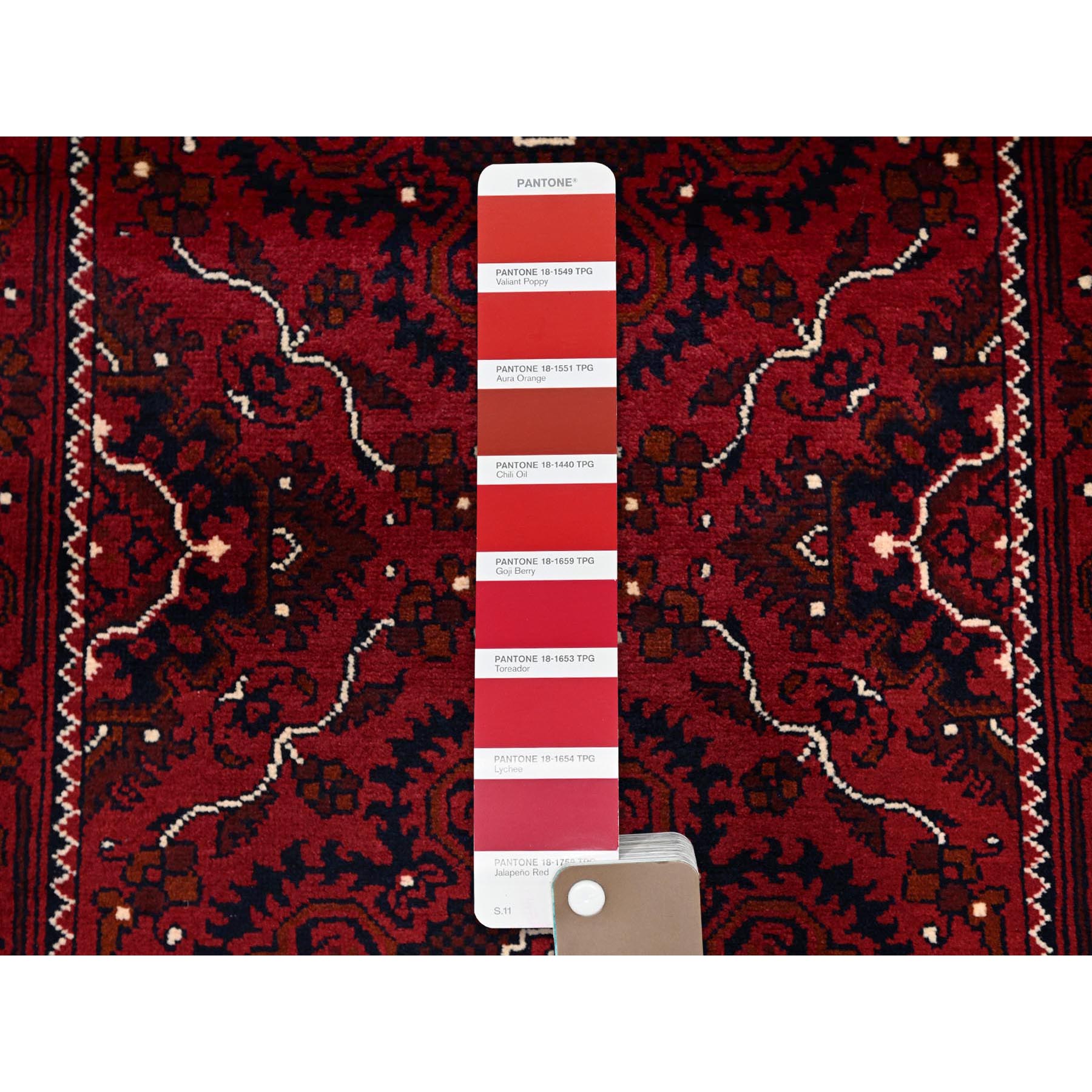 2'4'x5'2" Ruby Red, Afghan Khamyab with Tribal Design, Hand Knotted, Soft and Shiny Wool, Natural Dyes, Short Runner, Oriental Rug Sh684