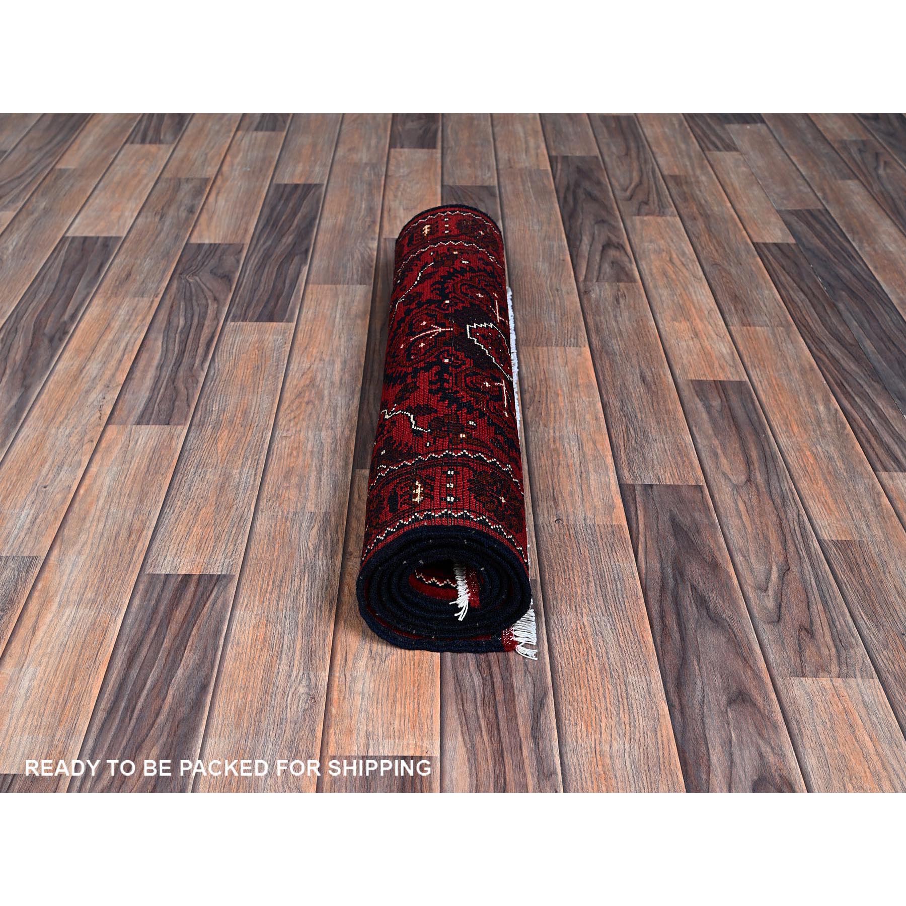 2'4'x5'2" Ruby Red, Afghan Khamyab with Tribal Design, Hand Knotted, Soft and Shiny Wool, Natural Dyes, Short Runner, Oriental Rug Sh684