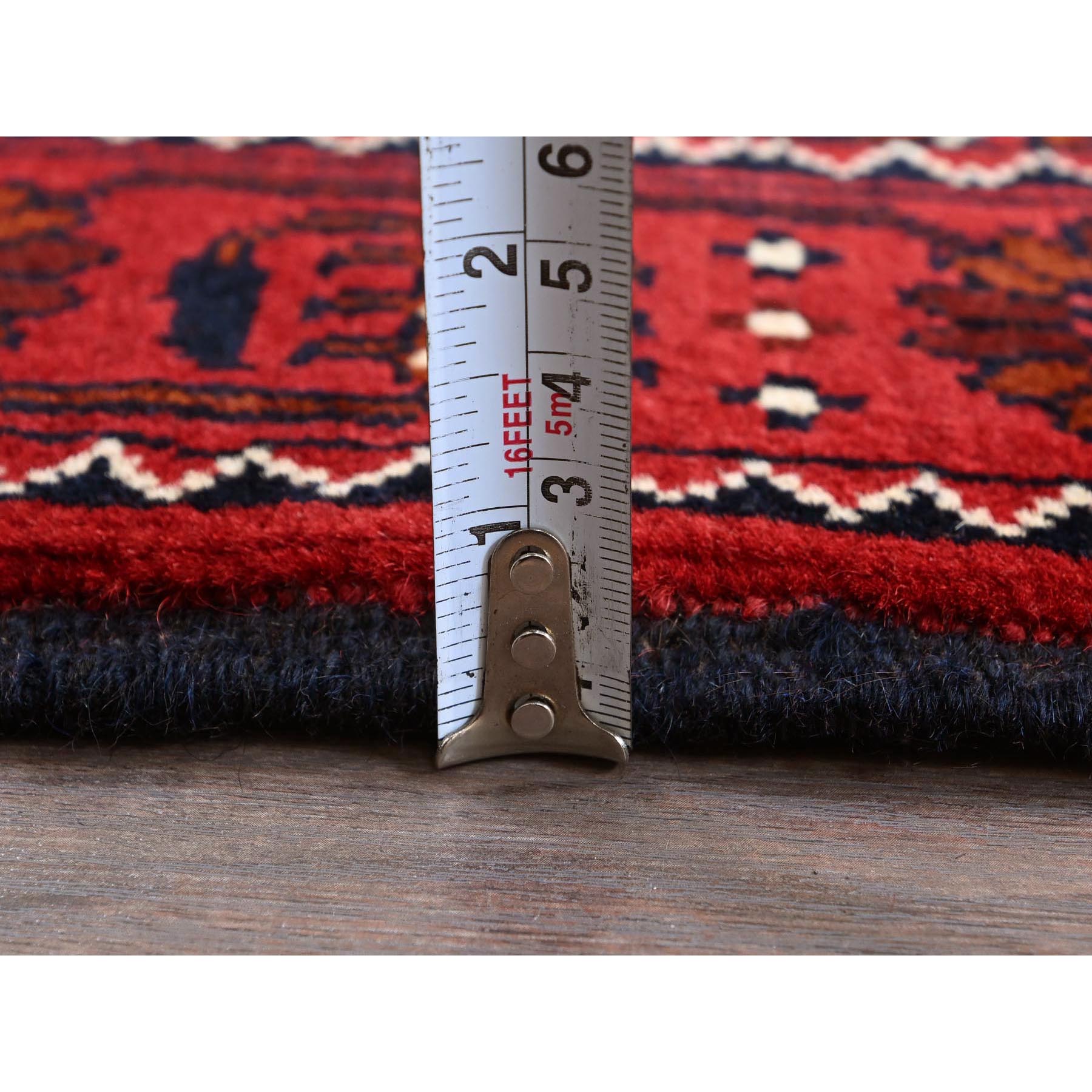 2'4'x5'2" Ruby Red, Afghan Khamyab with Tribal Design, Hand Knotted, Soft and Shiny Wool, Natural Dyes, Short Runner, Oriental Rug Sh684