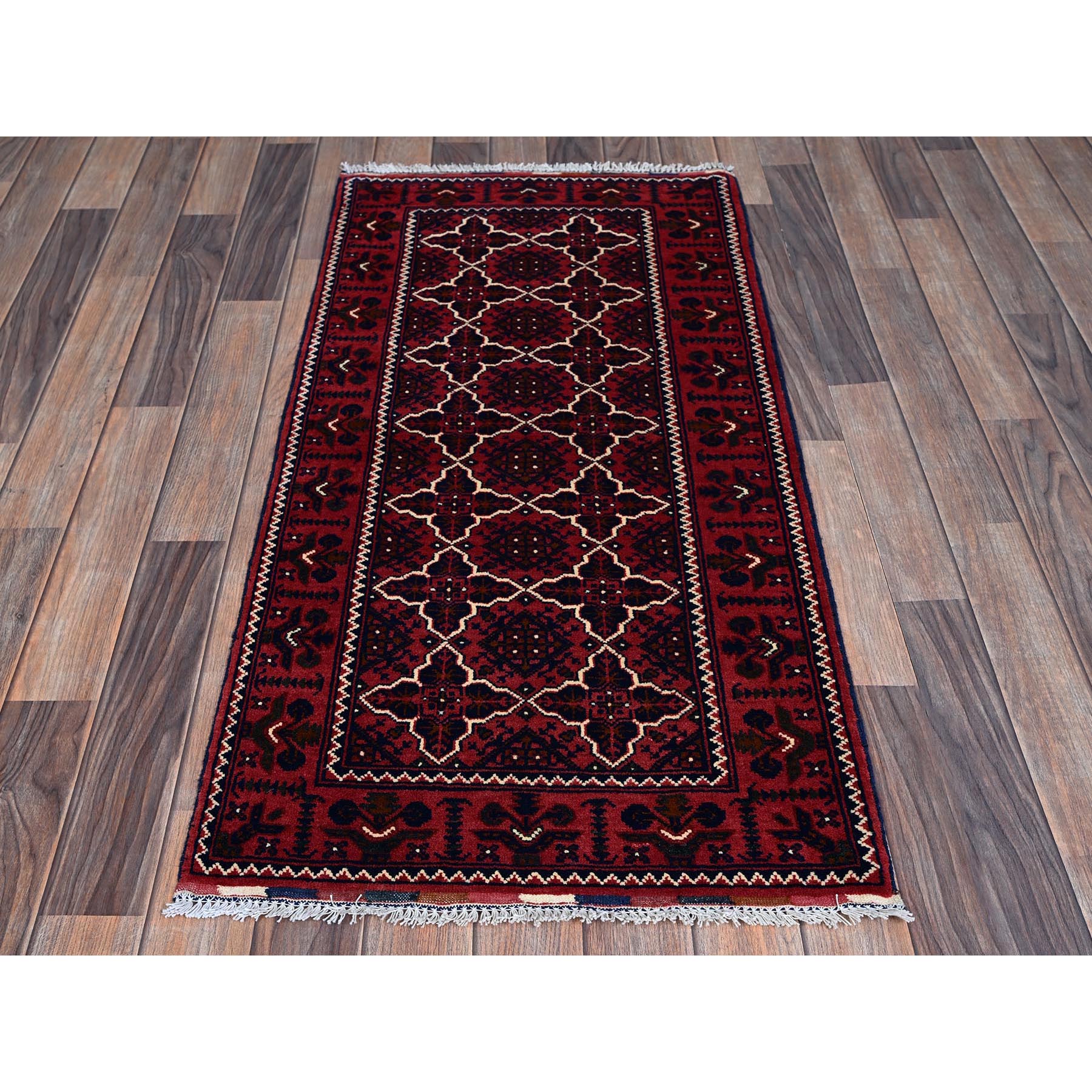 2'2"x4'4" Berry Red, Afghan Khamyab with Geometric Design, Hand Knotted, Soft and Shiny Wool, Vegetable Dyes, Short Runner, Oriental Rug Sh686