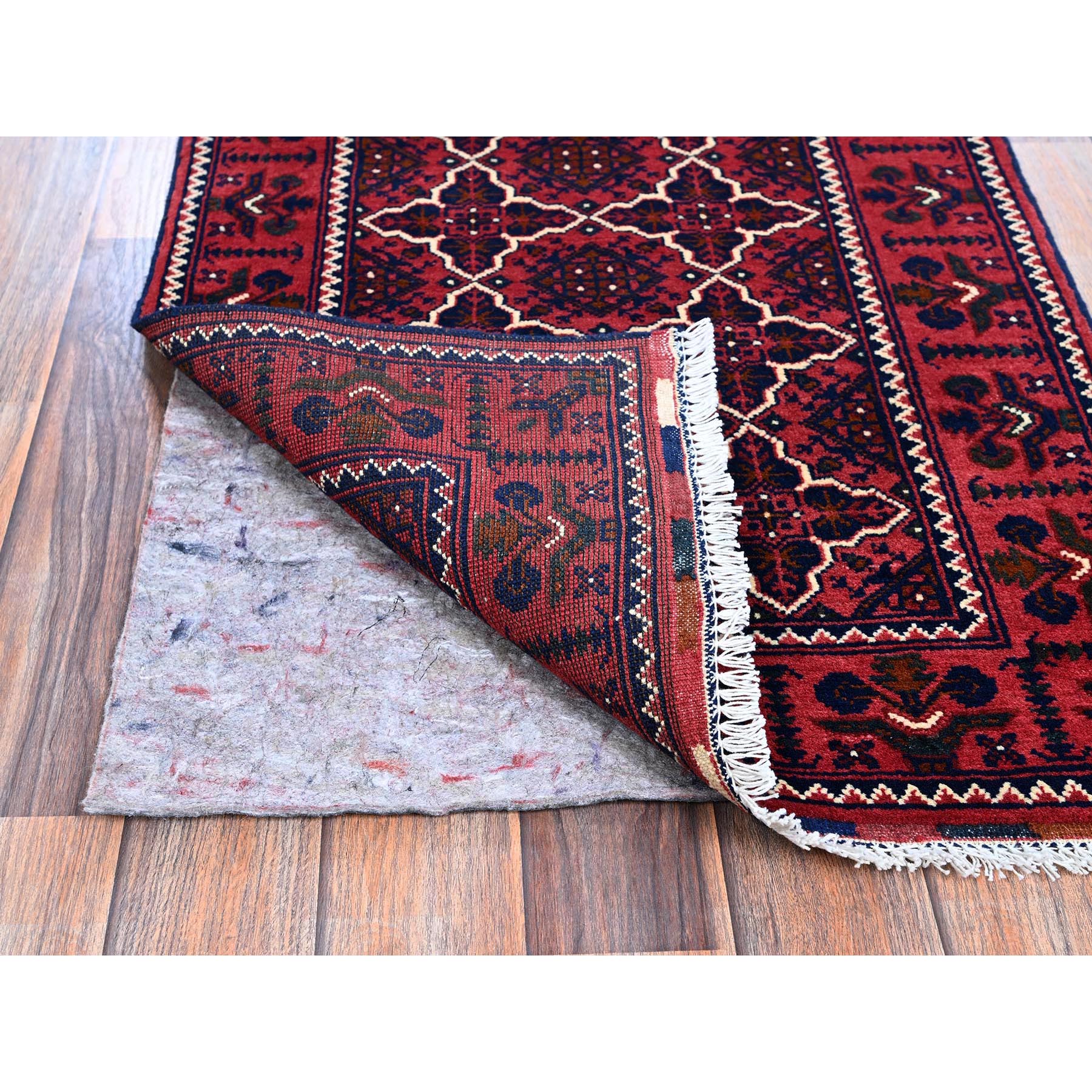 2'2"x4'4" Berry Red, Afghan Khamyab with Geometric Design, Hand Knotted, Soft and Shiny Wool, Vegetable Dyes, Short Runner, Oriental Rug Sh686