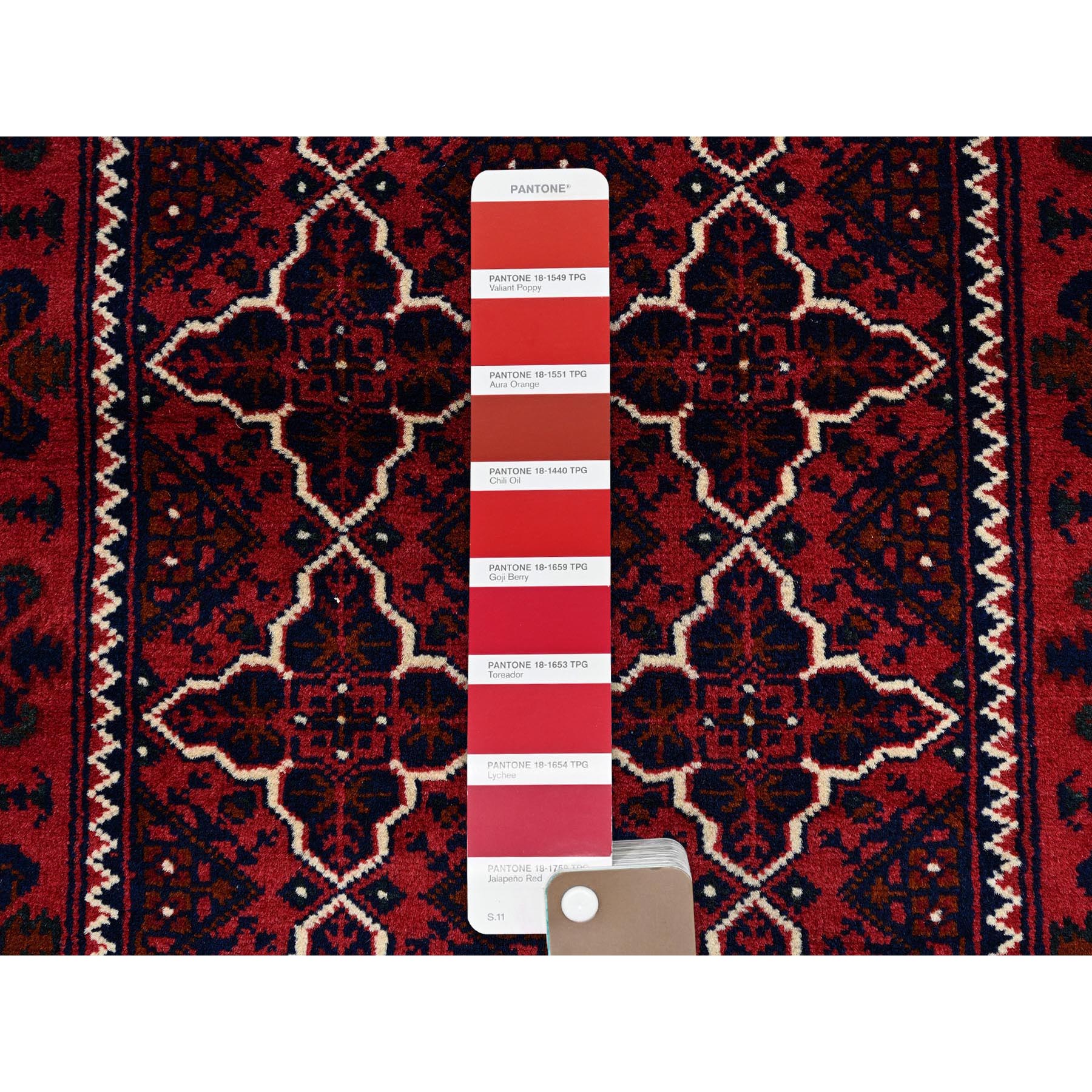 2'2"x4'4" Berry Red, Afghan Khamyab with Geometric Design, Hand Knotted, Soft and Shiny Wool, Vegetable Dyes, Short Runner, Oriental Rug Sh686