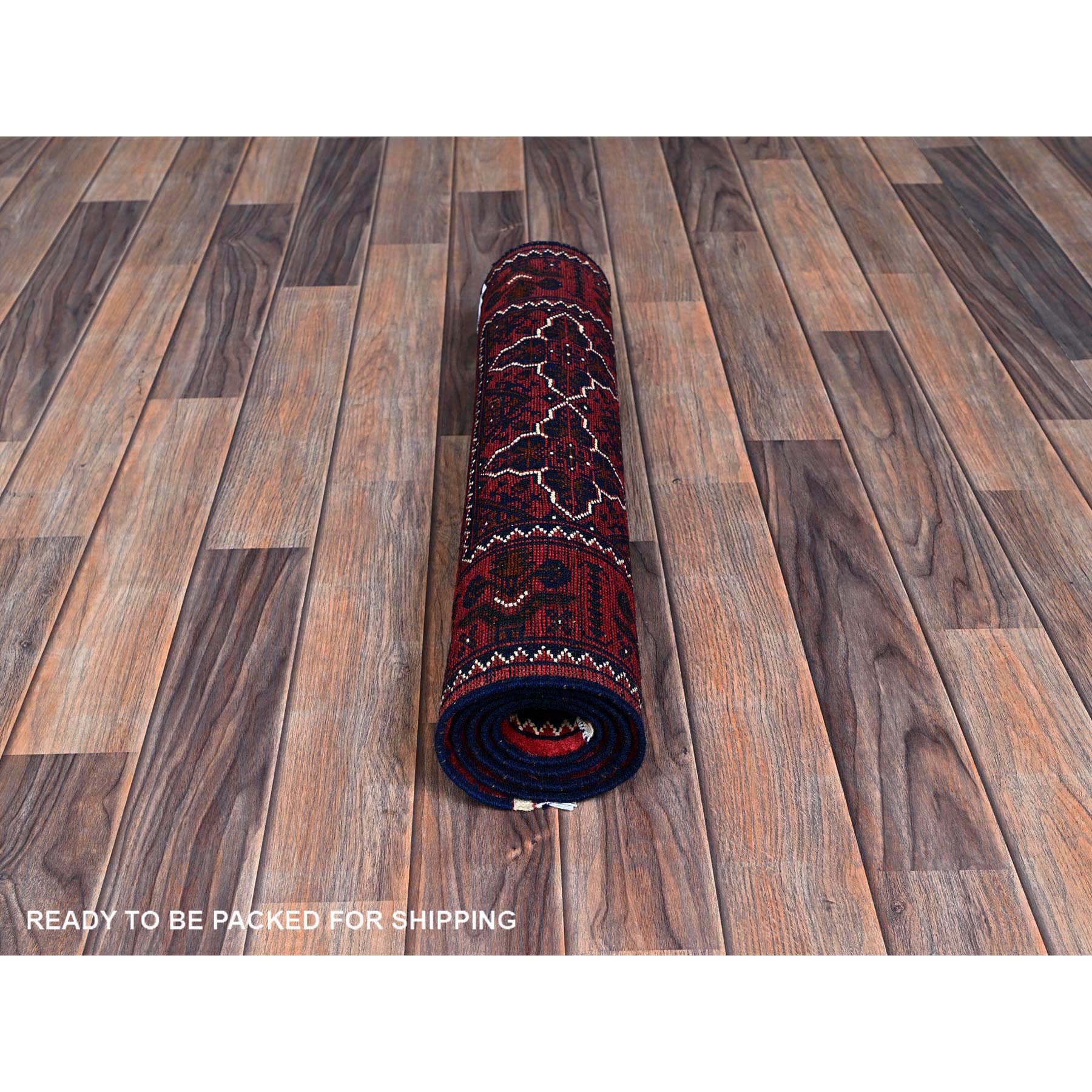 2'2"x4'4" Berry Red, Afghan Khamyab with Geometric Design, Hand Knotted, Soft and Shiny Wool, Vegetable Dyes, Short Runner, Oriental Rug Sh686