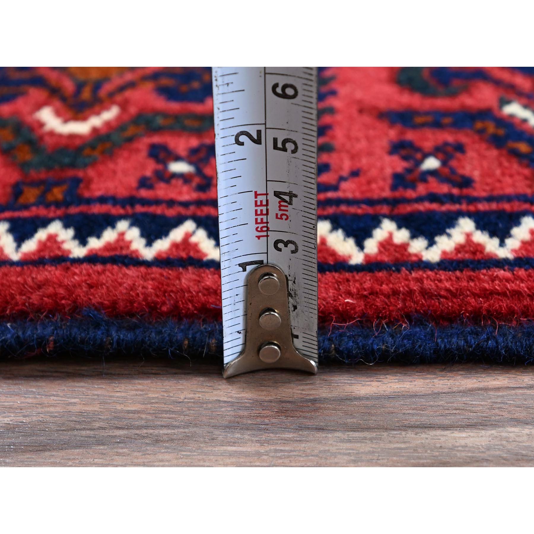 2'2"x4'4" Berry Red, Afghan Khamyab with Geometric Design, Hand Knotted, Soft and Shiny Wool, Vegetable Dyes, Short Runner, Oriental Rug Sh686