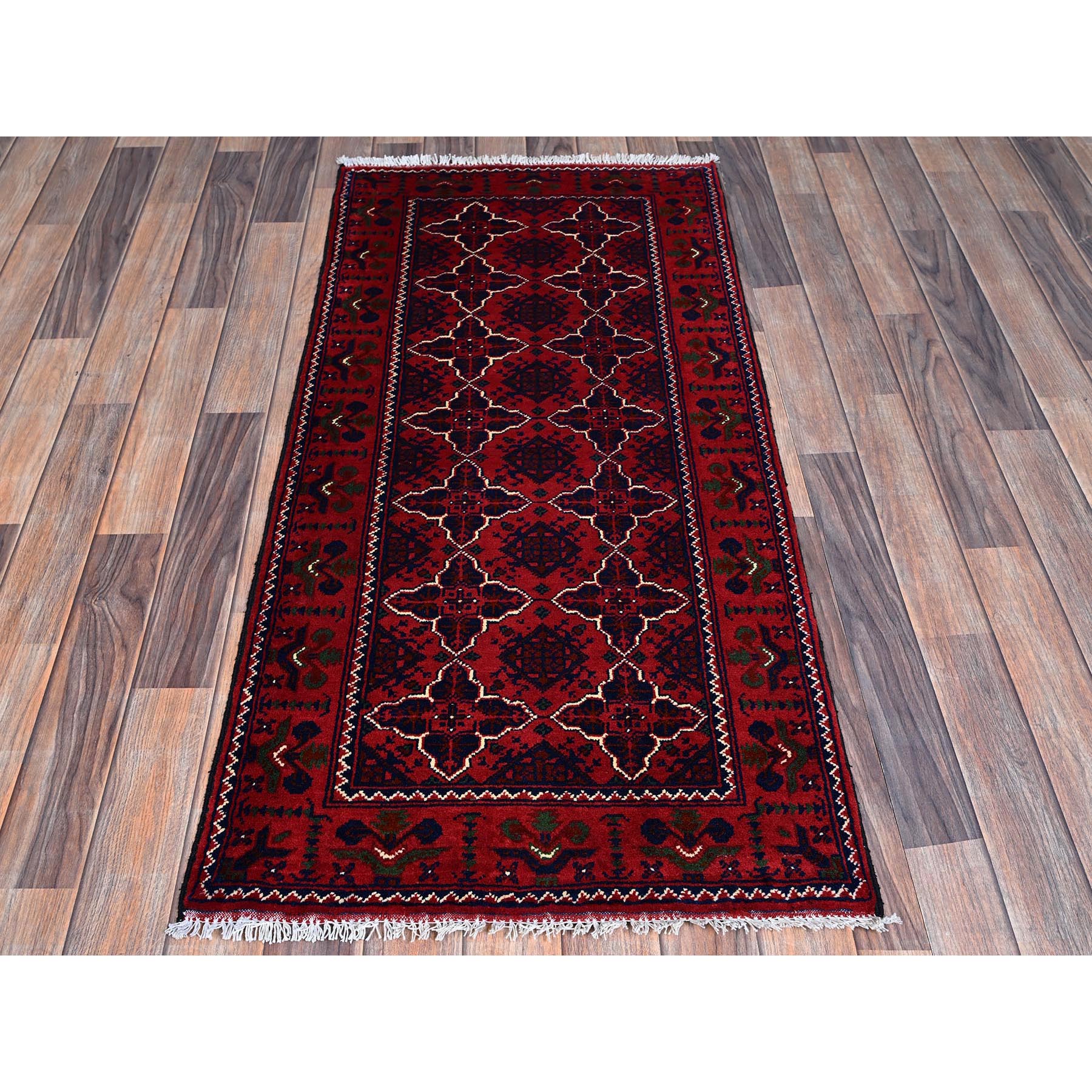2'3"x4'8" Chili Red, Hand Knotted, Afghan Khamyab with Geometric Pattern, Pure Wool, Natural Dyes, Short Runner, Oriental Rug Sh687