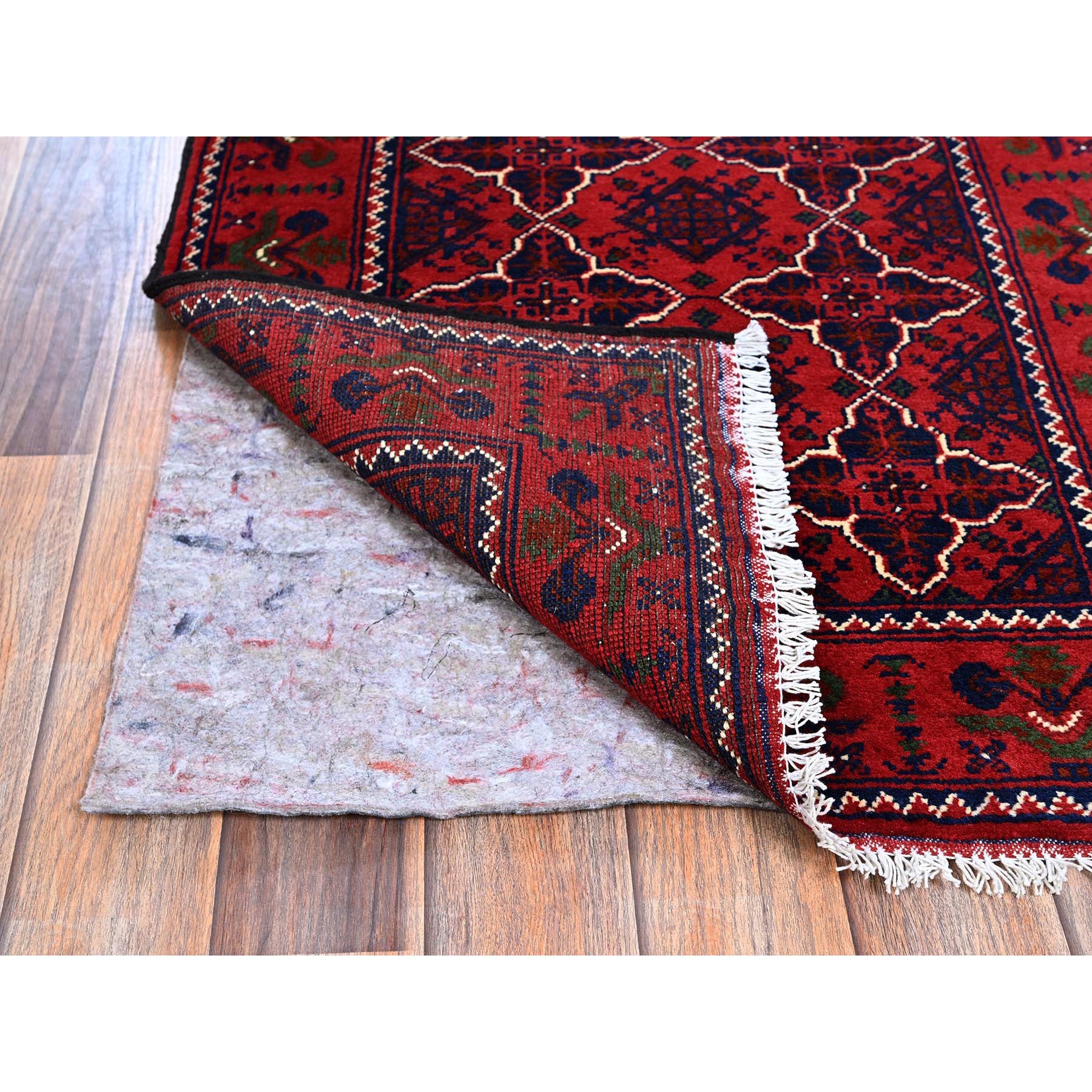2'3"x4'8" Chili Red, Hand Knotted, Afghan Khamyab with Geometric Pattern, Pure Wool, Natural Dyes, Short Runner, Oriental Rug Sh687