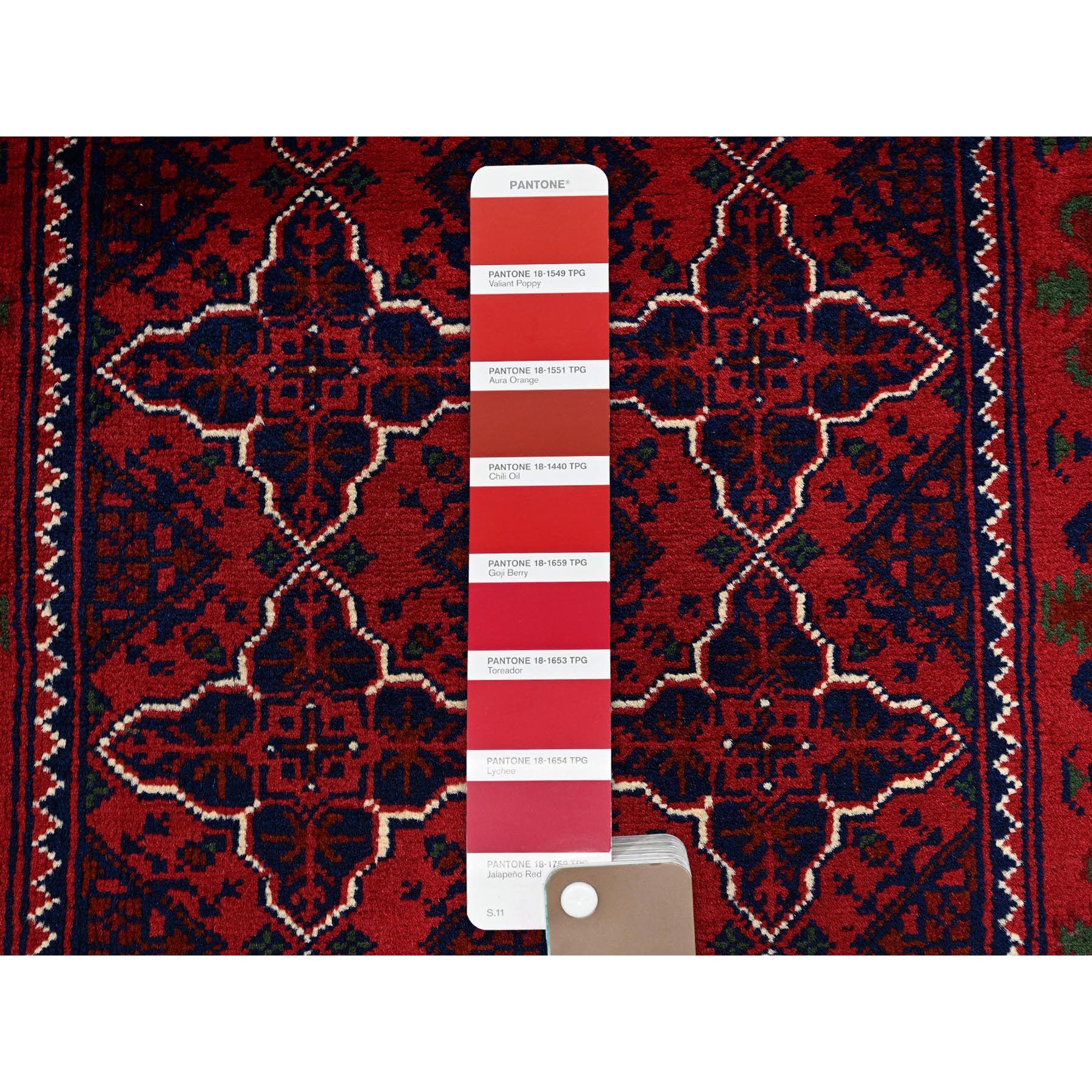 2'3"x4'8" Chili Red, Hand Knotted, Afghan Khamyab with Geometric Pattern, Pure Wool, Natural Dyes, Short Runner, Oriental Rug Sh687