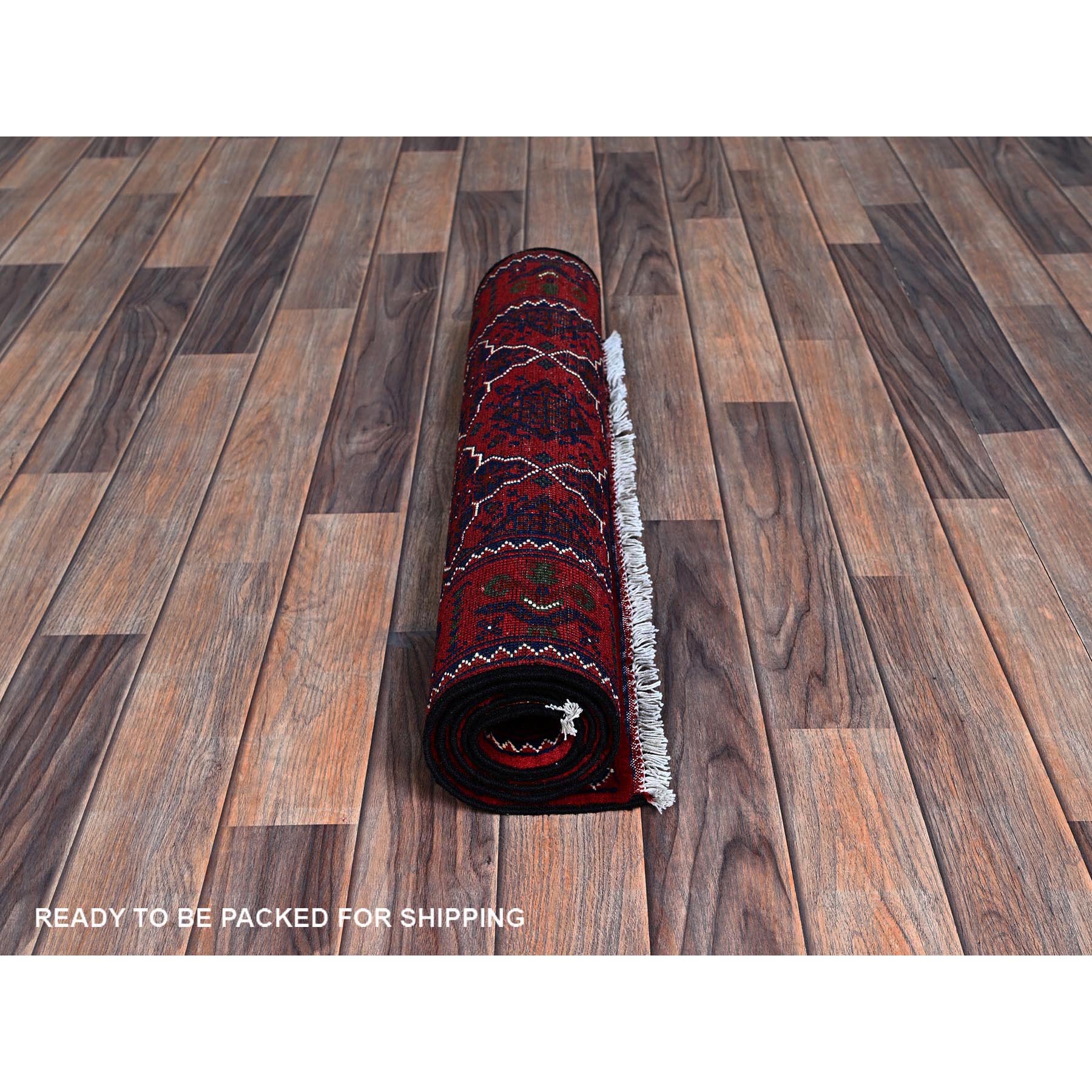 2'3"x4'8" Chili Red, Hand Knotted, Afghan Khamyab with Geometric Pattern, Pure Wool, Natural Dyes, Short Runner, Oriental Rug Sh687