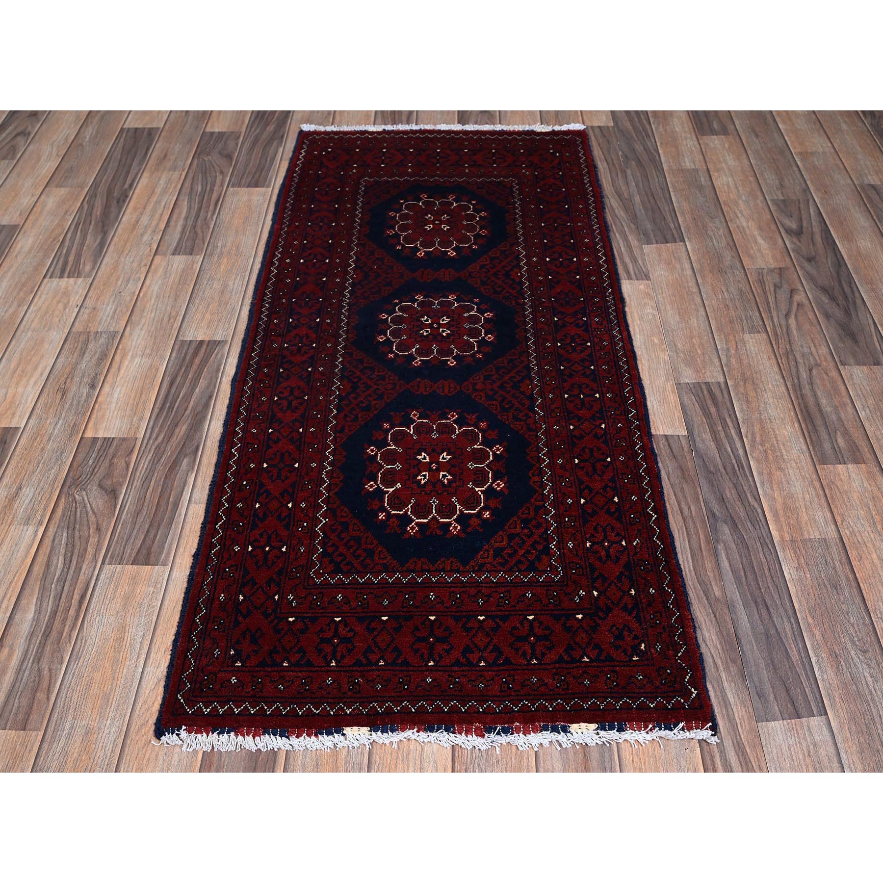 2'2"x4'8" Chili Red, Afghan Khamyab with Tribal Medallions Design, Hand Knotted, Pure Wool, Vegetable Dyes, Short Runner, Oriental Rug Sh689