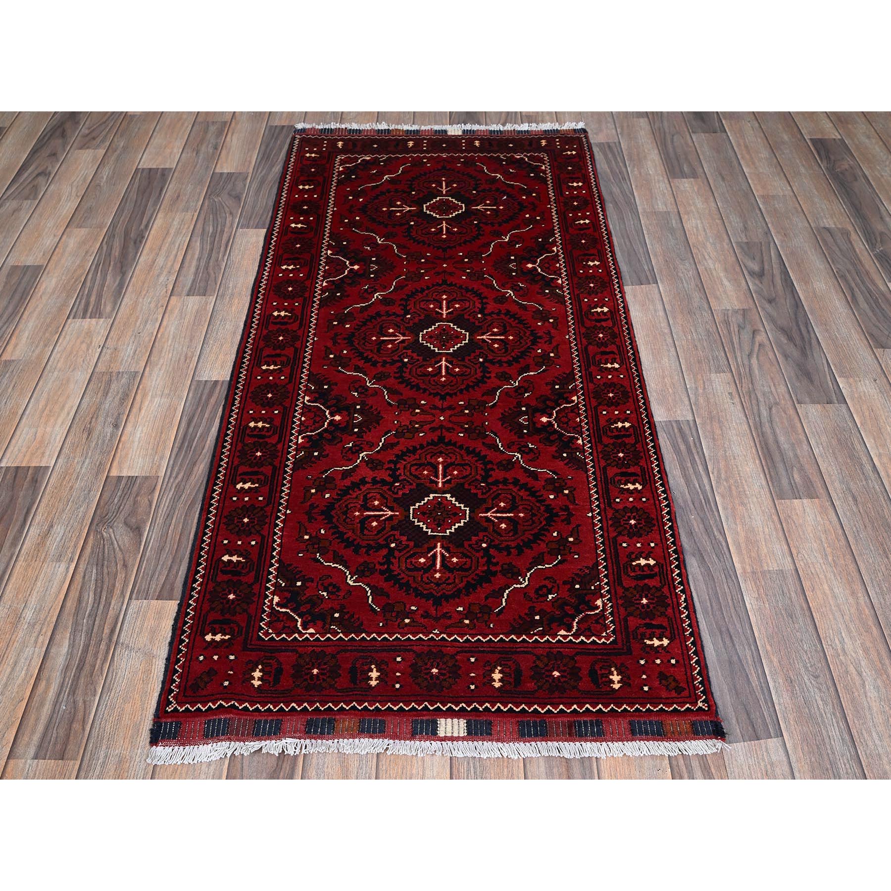 2'7"x5'2" Berry Red, Afghan Khamyab with Tribal Medallions Design, Hand Knotted, Soft and Velvety Wool, Vegetable Dyes, Short Runner, Oriental Rug Sh690