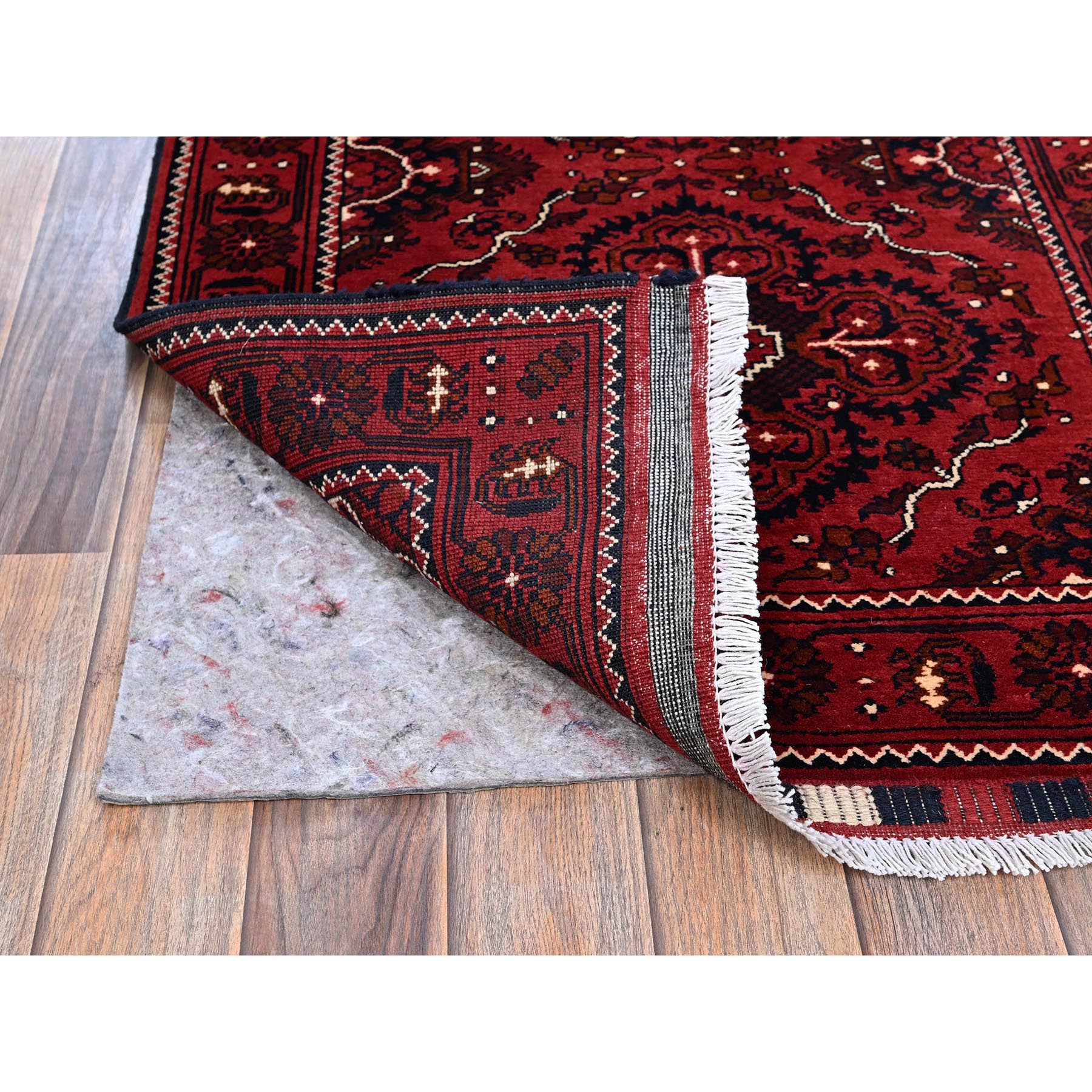 2'7"x5'2" Berry Red, Afghan Khamyab with Tribal Medallions Design, Hand Knotted, Soft and Velvety Wool, Vegetable Dyes, Short Runner, Oriental Rug Sh690