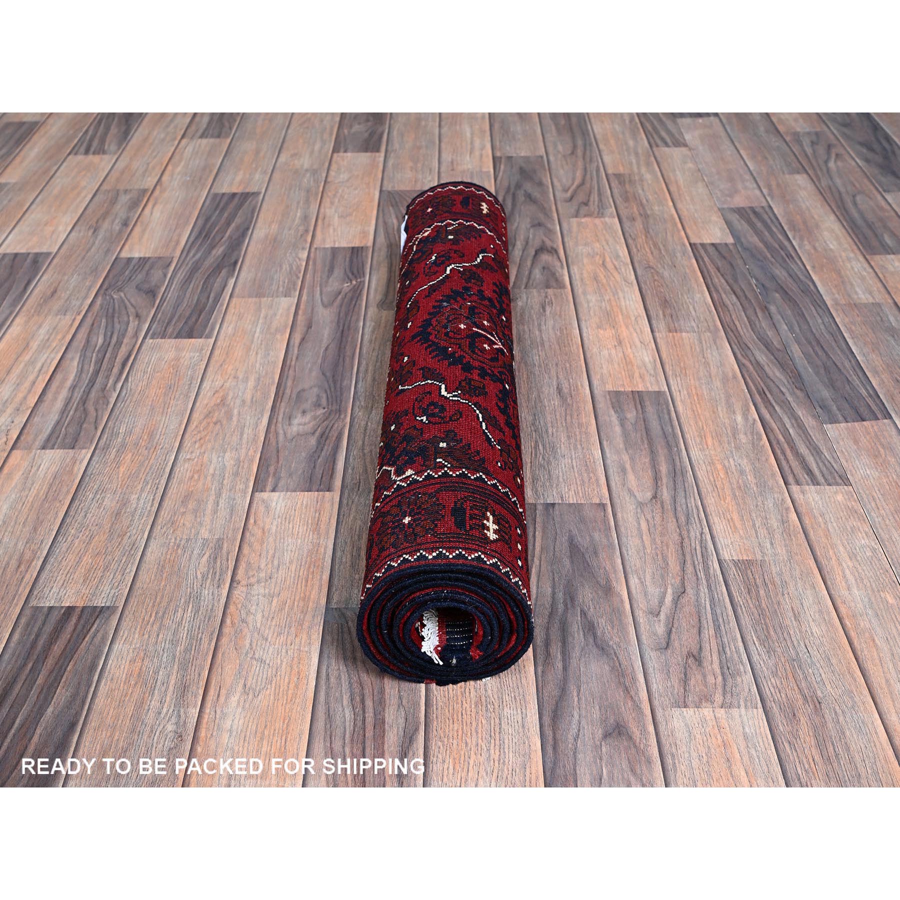 2'7"x5'2" Berry Red, Afghan Khamyab with Tribal Medallions Design, Hand Knotted, Soft and Velvety Wool, Vegetable Dyes, Short Runner, Oriental Rug Sh690