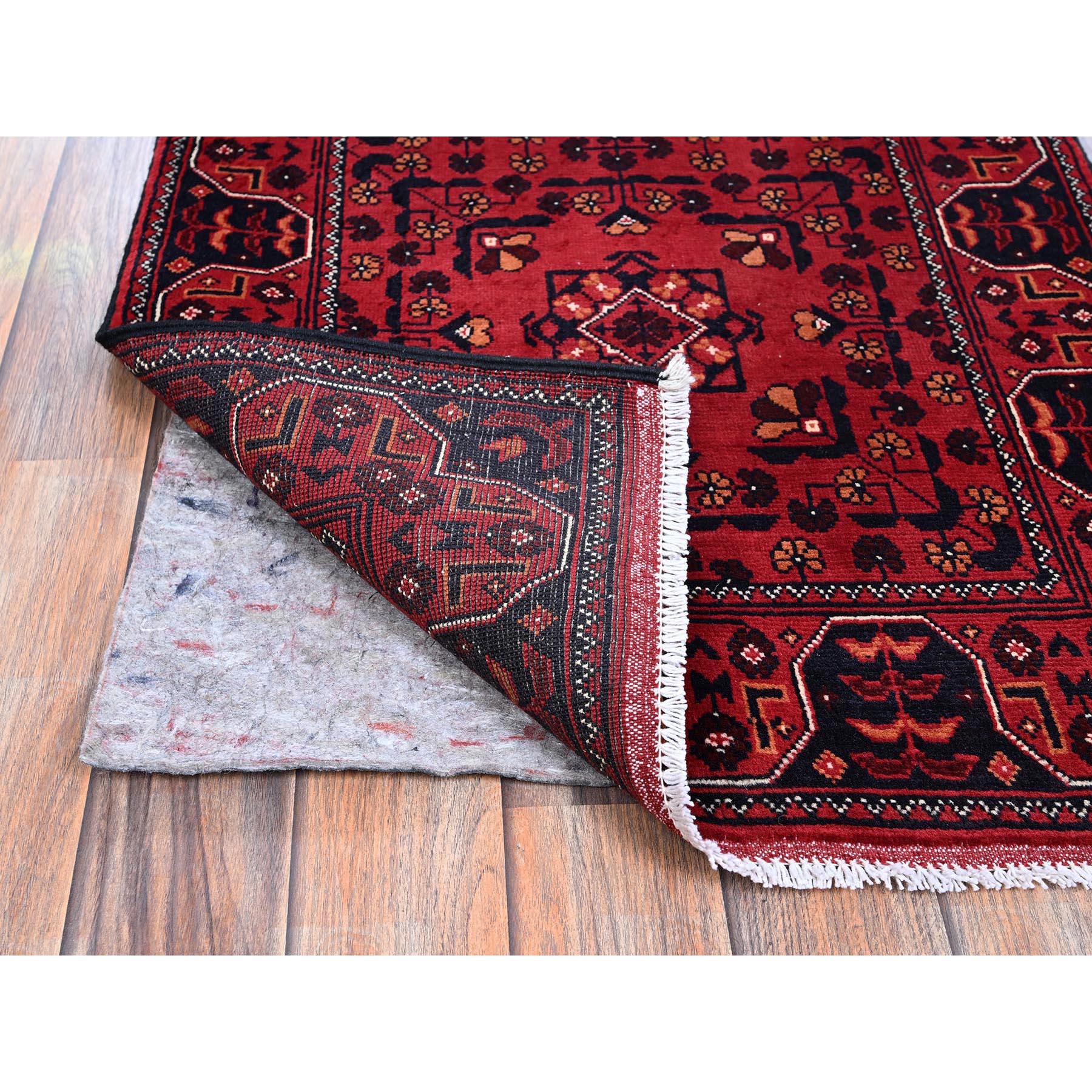 2'3"x5'4" Crimson Red, Afghan Khamyab with Geometric Pattern, Hand Knotted, Soft and Velvety Wool, Vegetable Dyes, Short Runner, Oriental Rug Sh693