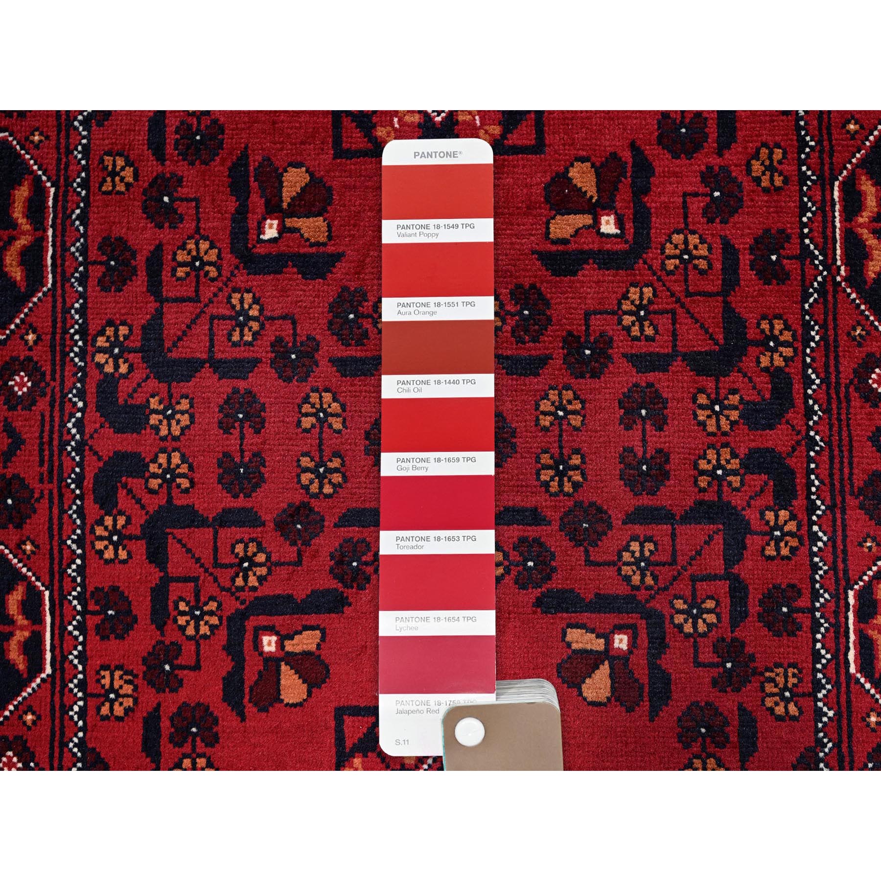 2'3"x5'4" Crimson Red, Afghan Khamyab with Geometric Pattern, Hand Knotted, Soft and Velvety Wool, Vegetable Dyes, Short Runner, Oriental Rug Sh693