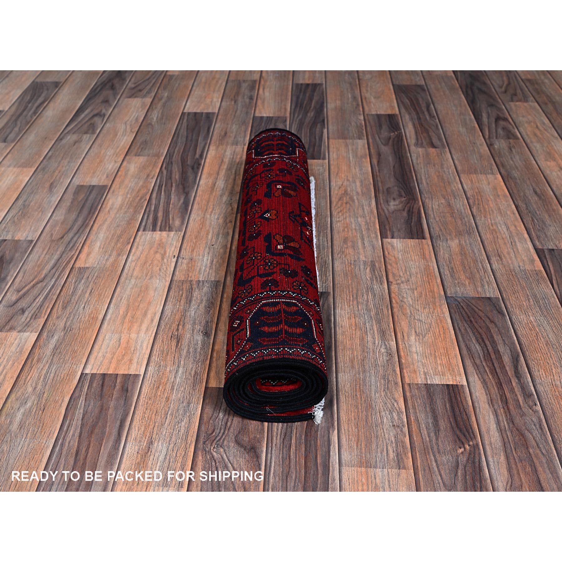 2'3"x5'4" Crimson Red, Afghan Khamyab with Geometric Pattern, Hand Knotted, Soft and Velvety Wool, Vegetable Dyes, Short Runner, Oriental Rug Sh693