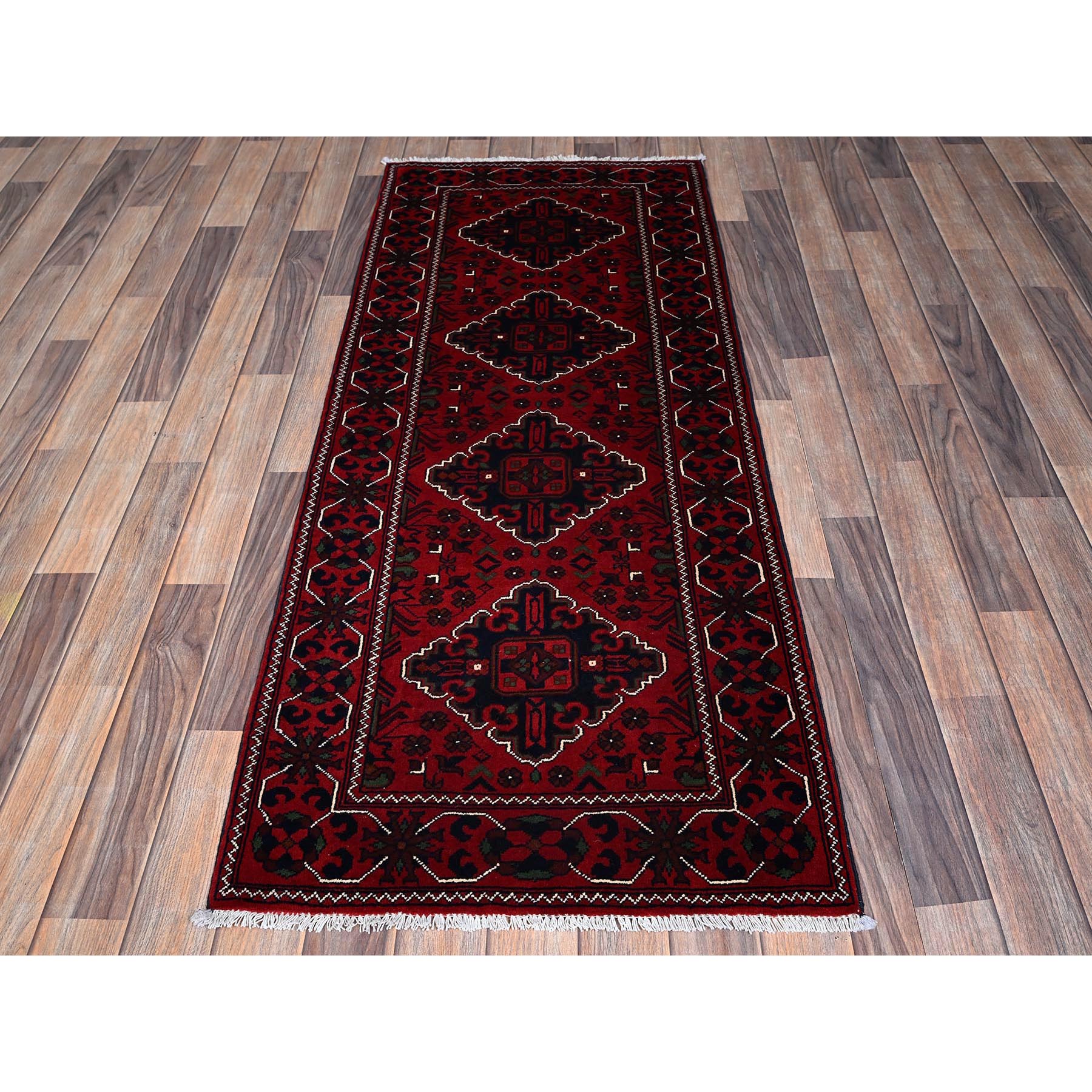 2'4"x5'8" Angels Red, Afghan Khamyab with Geometric Pattern, Soft and Velvety Wool, Hand Knotted, Vegetable Dyes, Short Runner, Oriental Rug Sh698