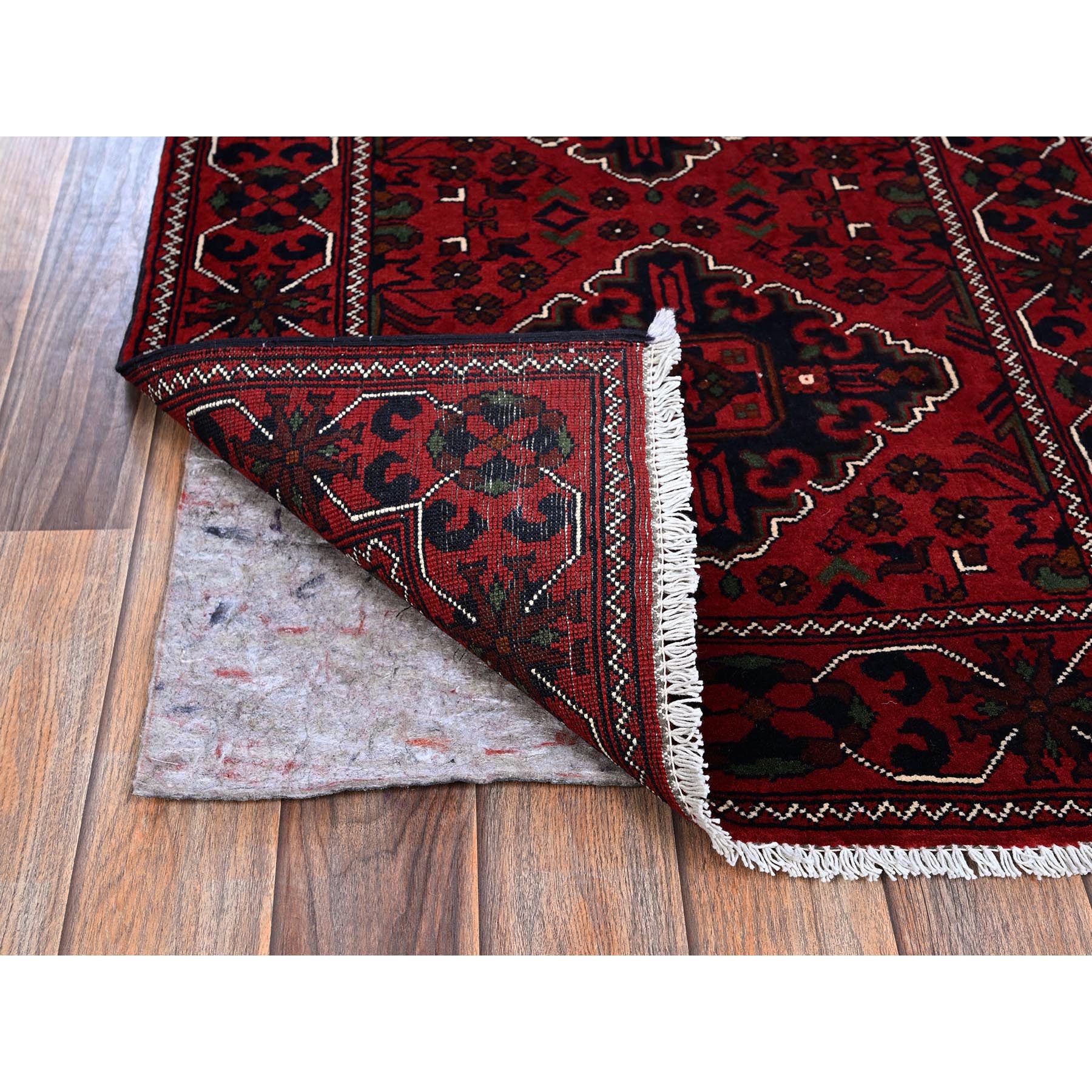 2'4"x5'8" Angels Red, Afghan Khamyab with Geometric Pattern, Soft and Velvety Wool, Hand Knotted, Vegetable Dyes, Short Runner, Oriental Rug Sh698