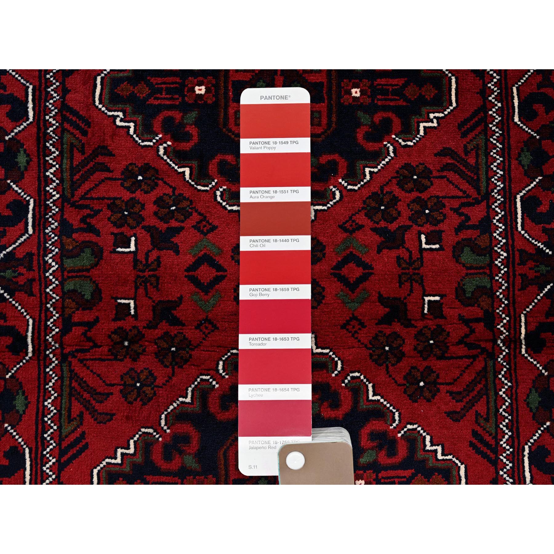 2'4"x5'8" Angels Red, Afghan Khamyab with Geometric Pattern, Soft and Velvety Wool, Hand Knotted, Vegetable Dyes, Short Runner, Oriental Rug Sh698