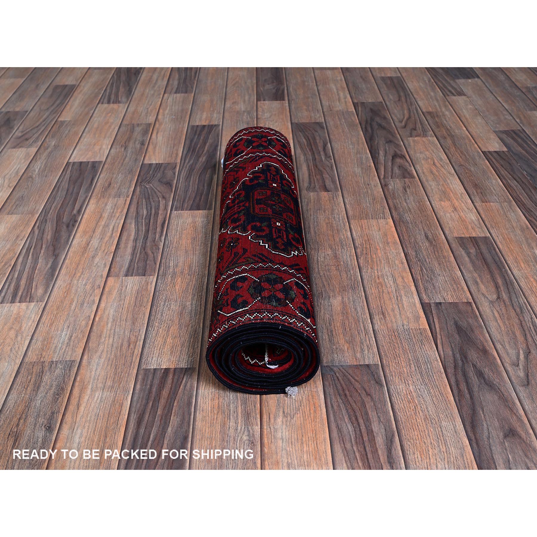 2'4"x5'8" Angels Red, Afghan Khamyab with Geometric Pattern, Soft and Velvety Wool, Hand Knotted, Vegetable Dyes, Short Runner, Oriental Rug Sh698
