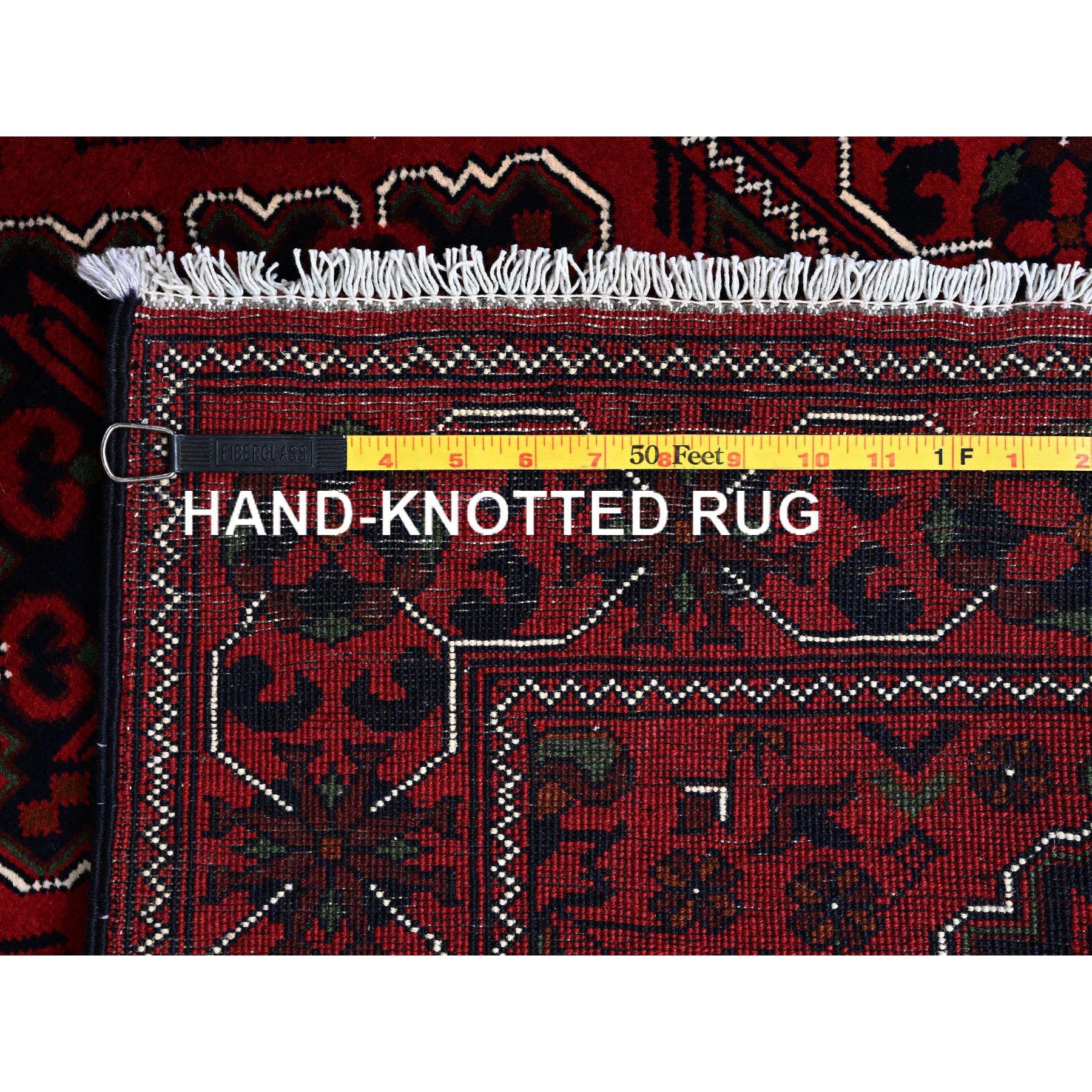 2'4"x5'8" Angels Red, Afghan Khamyab with Geometric Pattern, Soft and Velvety Wool, Hand Knotted, Vegetable Dyes, Short Runner, Oriental Rug Sh698