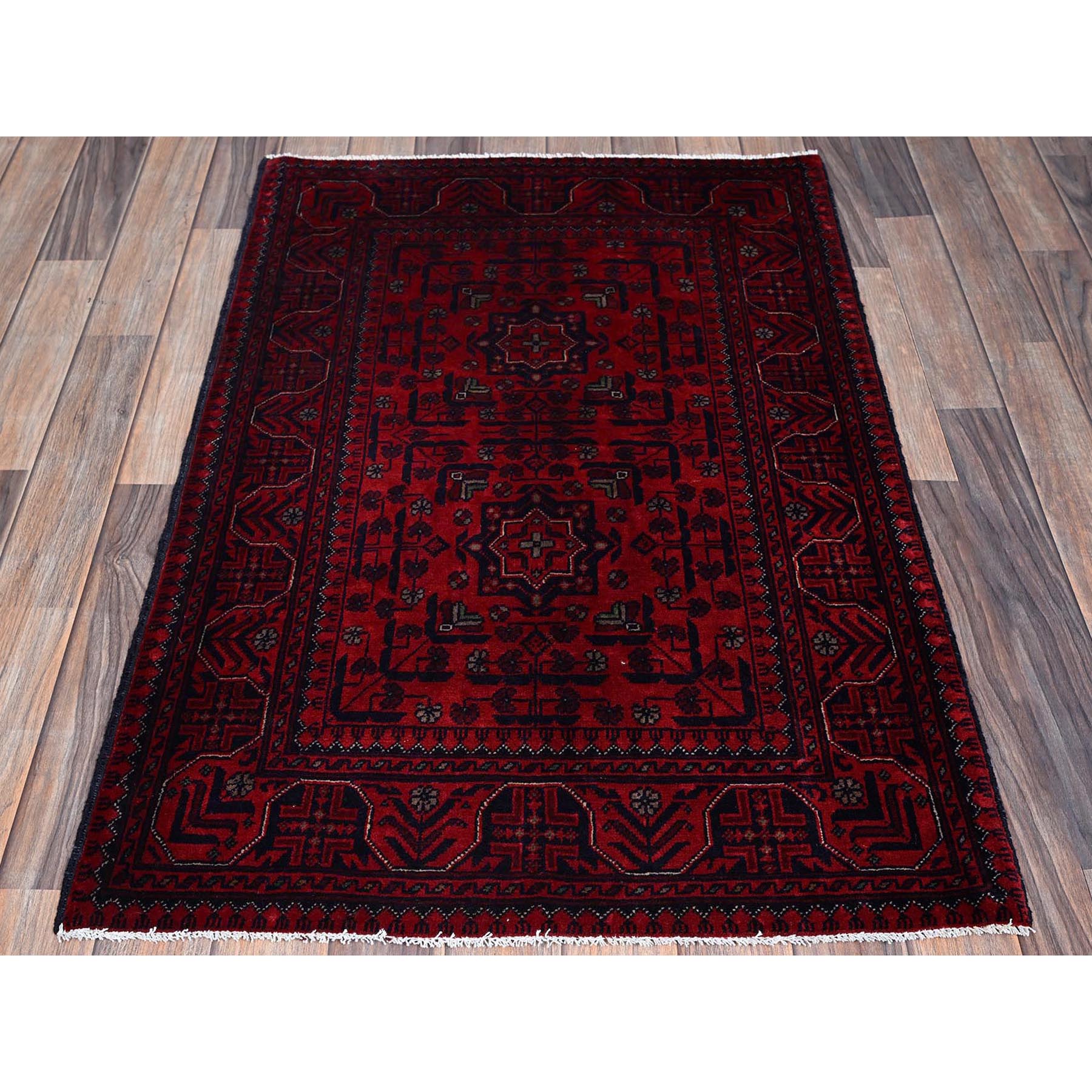 2'8"x4' Berry Red, Afghan Khamyab with Geometric Design, Hand Knotted, Soft Wool, Natural Dyes, Mat, Sample, Oriental Rug Sh701