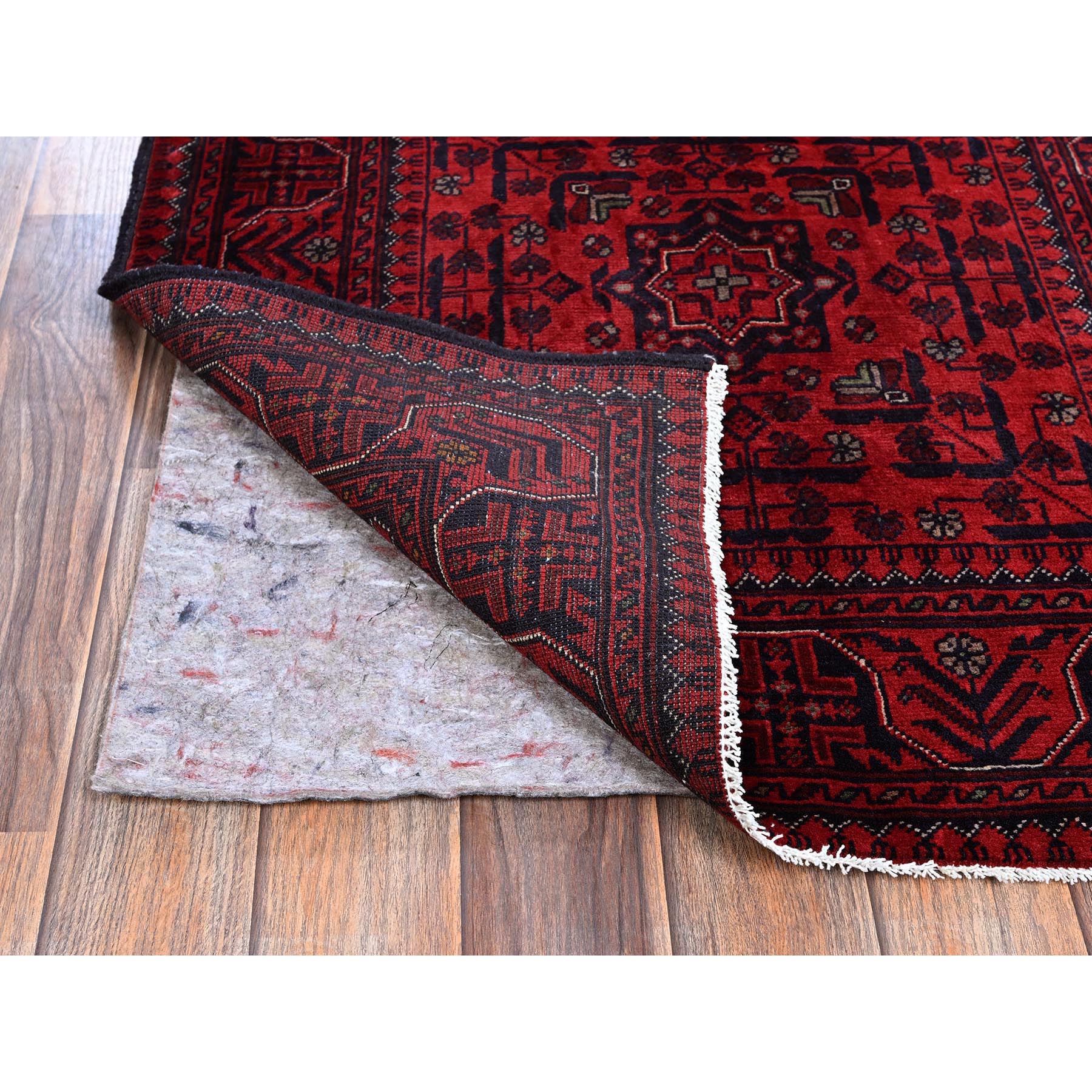 2'8"x4' Berry Red, Afghan Khamyab with Geometric Design, Hand Knotted, Soft Wool, Natural Dyes, Mat, Sample, Oriental Rug Sh701