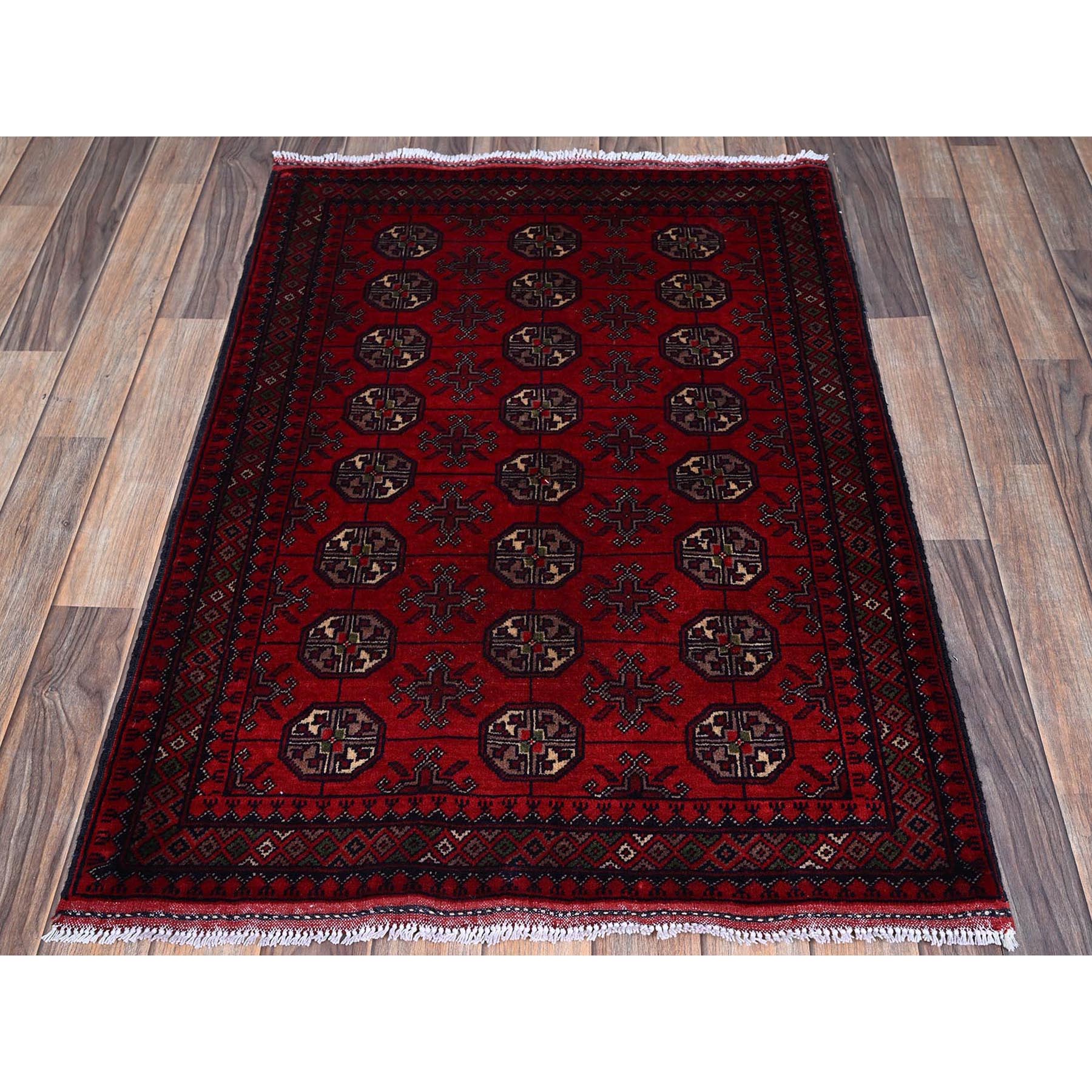 2'9"x3'10" Ruby Red, Princess Bokara with Geometric Medallions Design, Vegetable Dyes, 100% Wool, Hand Knotted, Mat, Sample, Oriental Rug S702