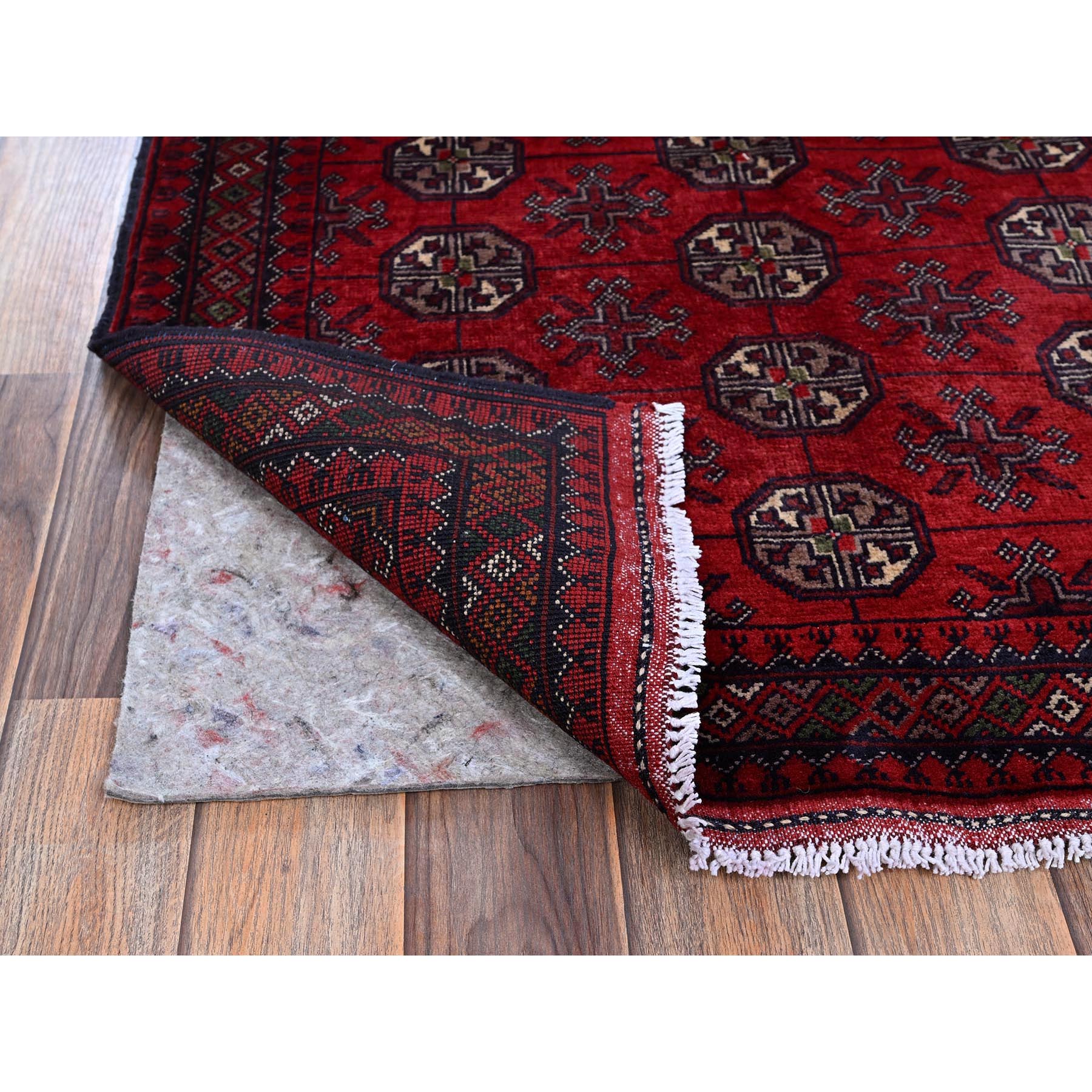 2'9"x3'10" Ruby Red, Princess Bokara with Geometric Medallions Design, Vegetable Dyes, 100% Wool, Hand Knotted, Mat, Sample, Oriental Rug S702