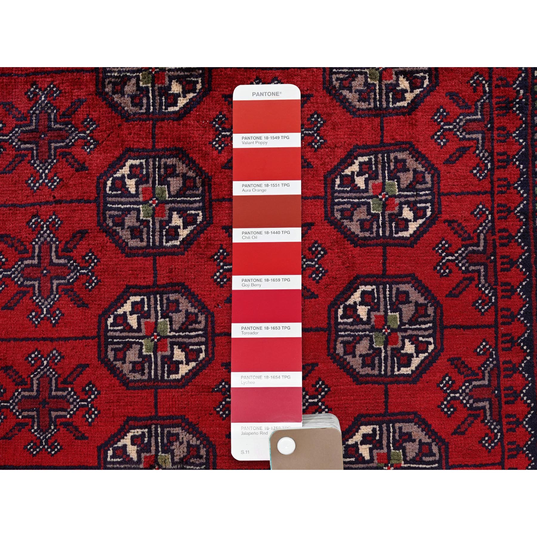 2'9"x3'10" Ruby Red, Princess Bokara with Geometric Medallions Design, Vegetable Dyes, 100% Wool, Hand Knotted, Mat, Sample, Oriental Rug S702